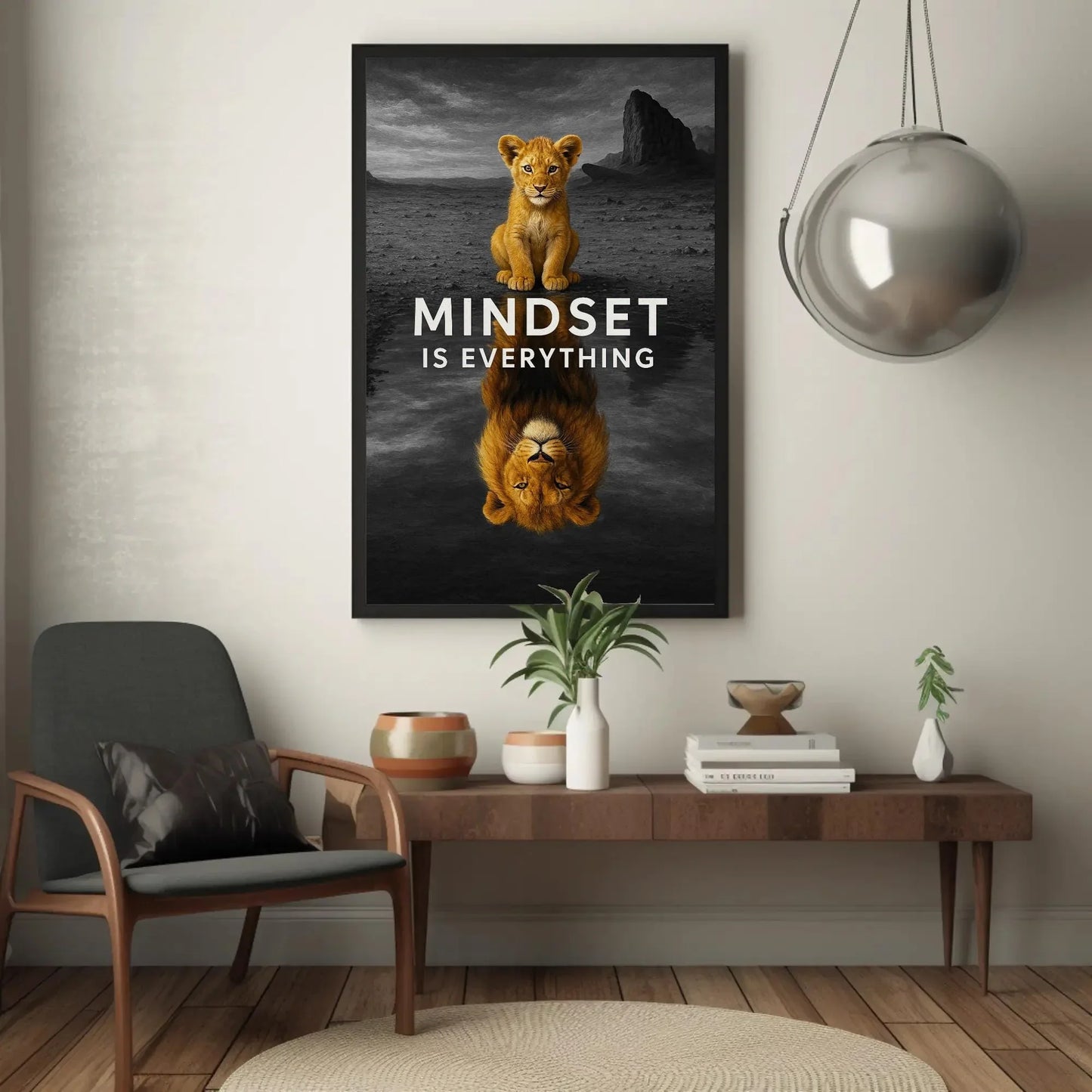 Mindset lion cub canvas wall art print for motivational home or office decor with inspirational animal quote and desert reflection scene Wall Art – Canvas Print
