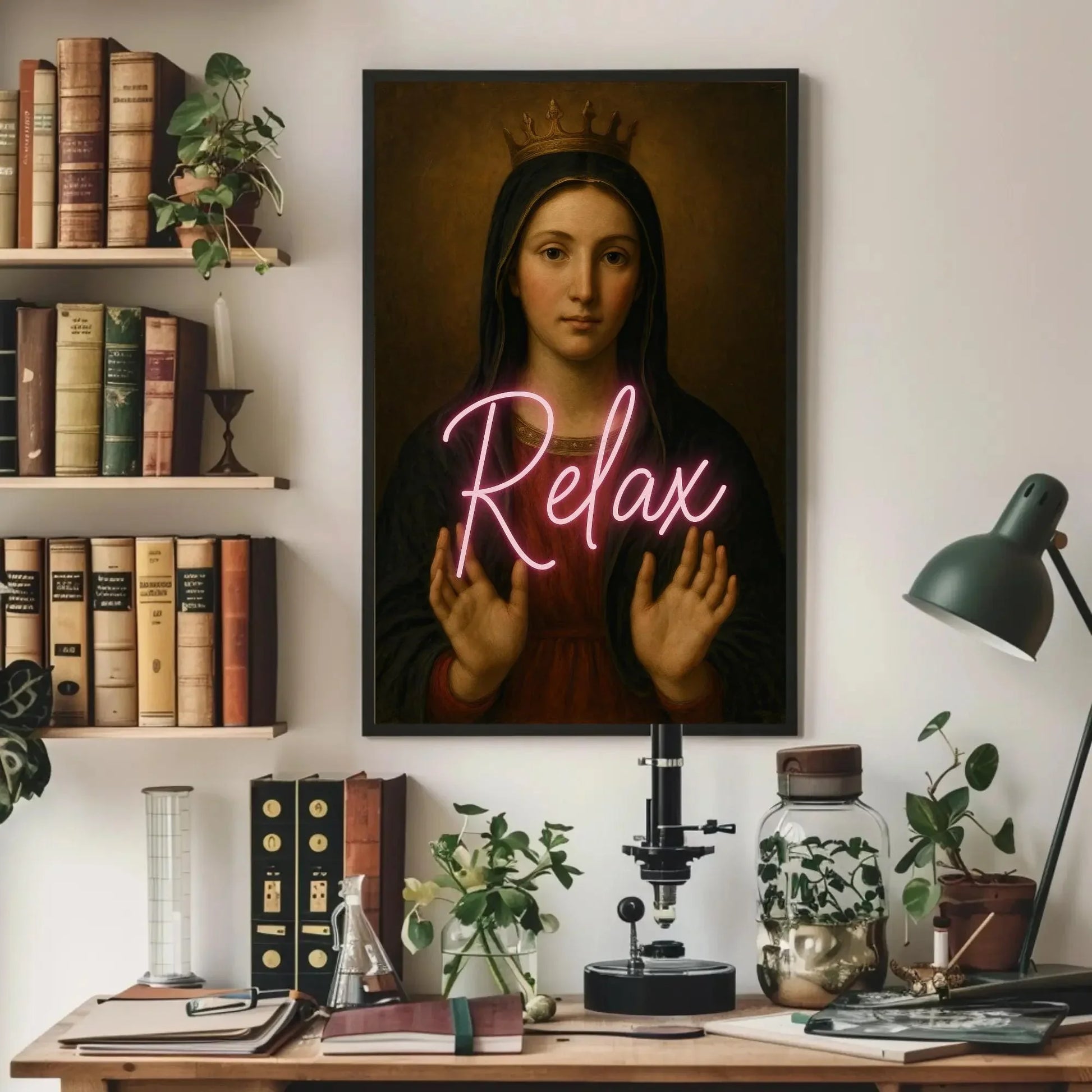 Virgin Mary neon relax canvas wall art painting for eclectic spiritual decor or modern sacred icon lovers with pop culture remix print Wall Art – Canvas Print