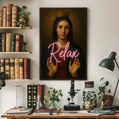 Virgin Mary neon relax canvas wall art painting for eclectic spiritual decor or modern sacred icon lovers with pop culture remix print Wall Art – Canvas Print