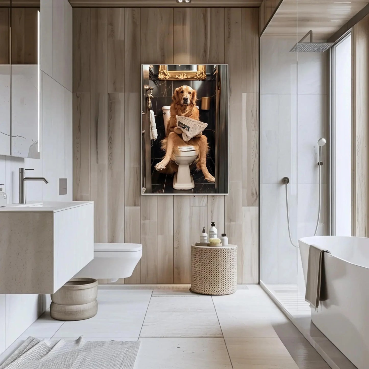 Golden Retriever Reading Newspaper on Toilet Canvas Print - Toilet Humor - Whimsical Bathroom Art - Funny Animal Print - HQ Ready to Hang Wall Art – Canvas Print