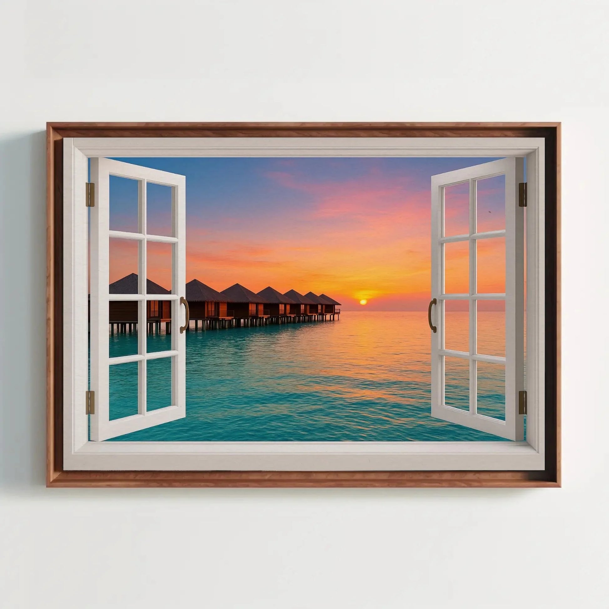 Maldives overwater bungalow canvas wall art print with open window view of tropical sunset ocean for beach house or island escape decor Wall Art – Canvas Print
