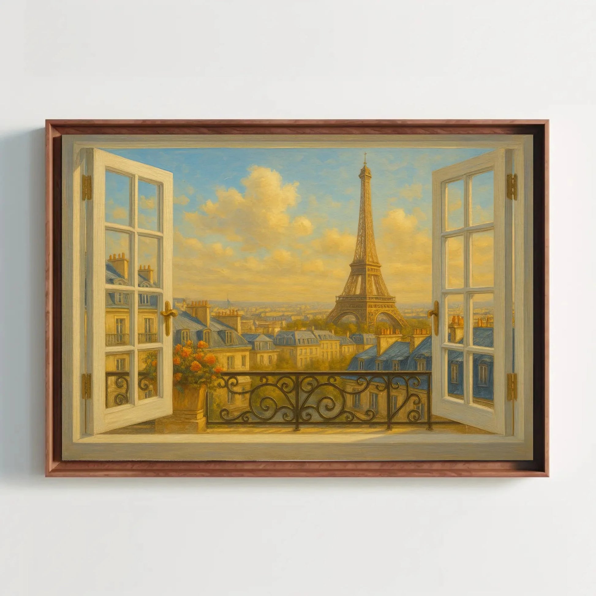 Paris Eiffel Tower open window view canvas wall art print for romantic French decor or bedroom and classic Parisian rooftop sunset Wall Art – Canvas Print