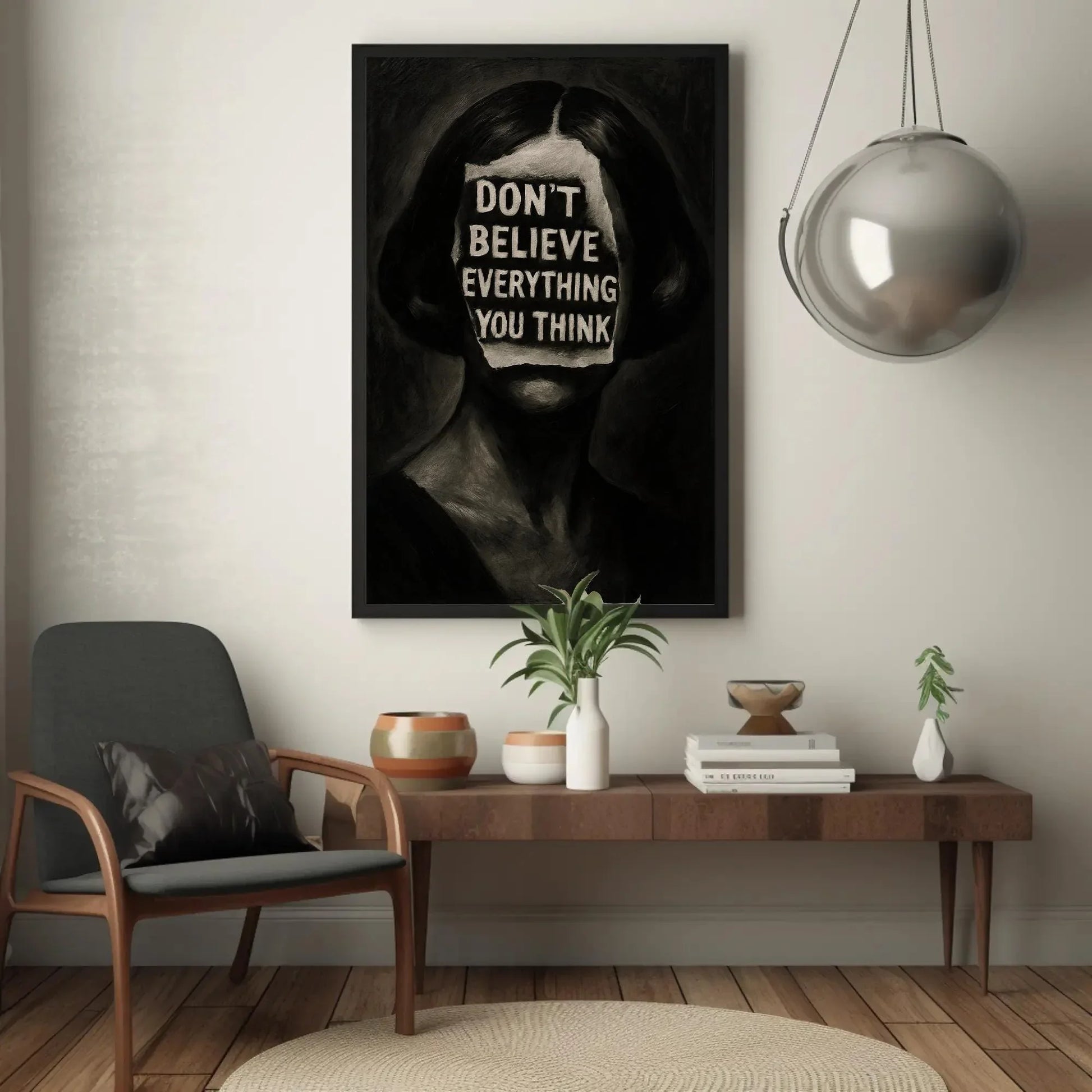 Inspirational surreal face canvas wall art print for mental health decor or gothic office with don’t believe everything you think quote Wall Art – Canvas Print