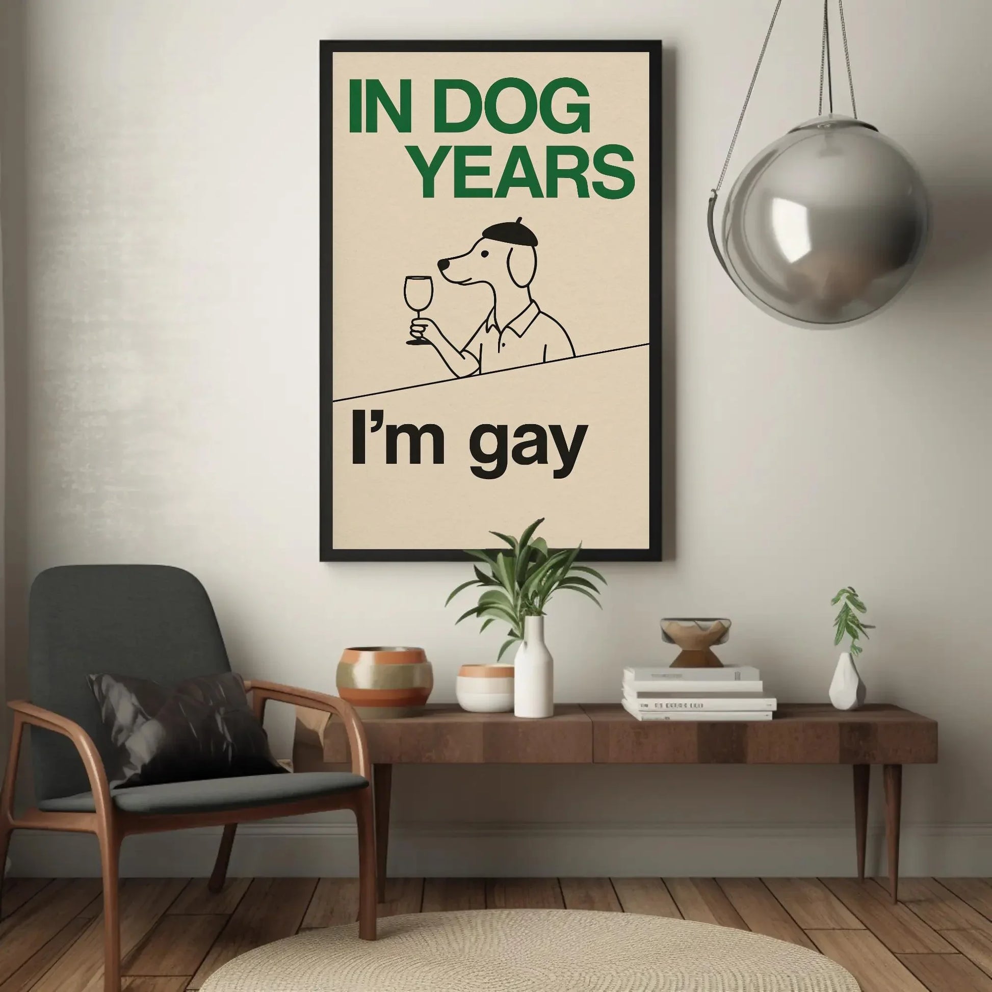 Funny gay dog print canvas wall art for LGBTQ living room or pride decor with retro cartoon style and in dog years I’m gay quote design Wall Art – Canvas Print