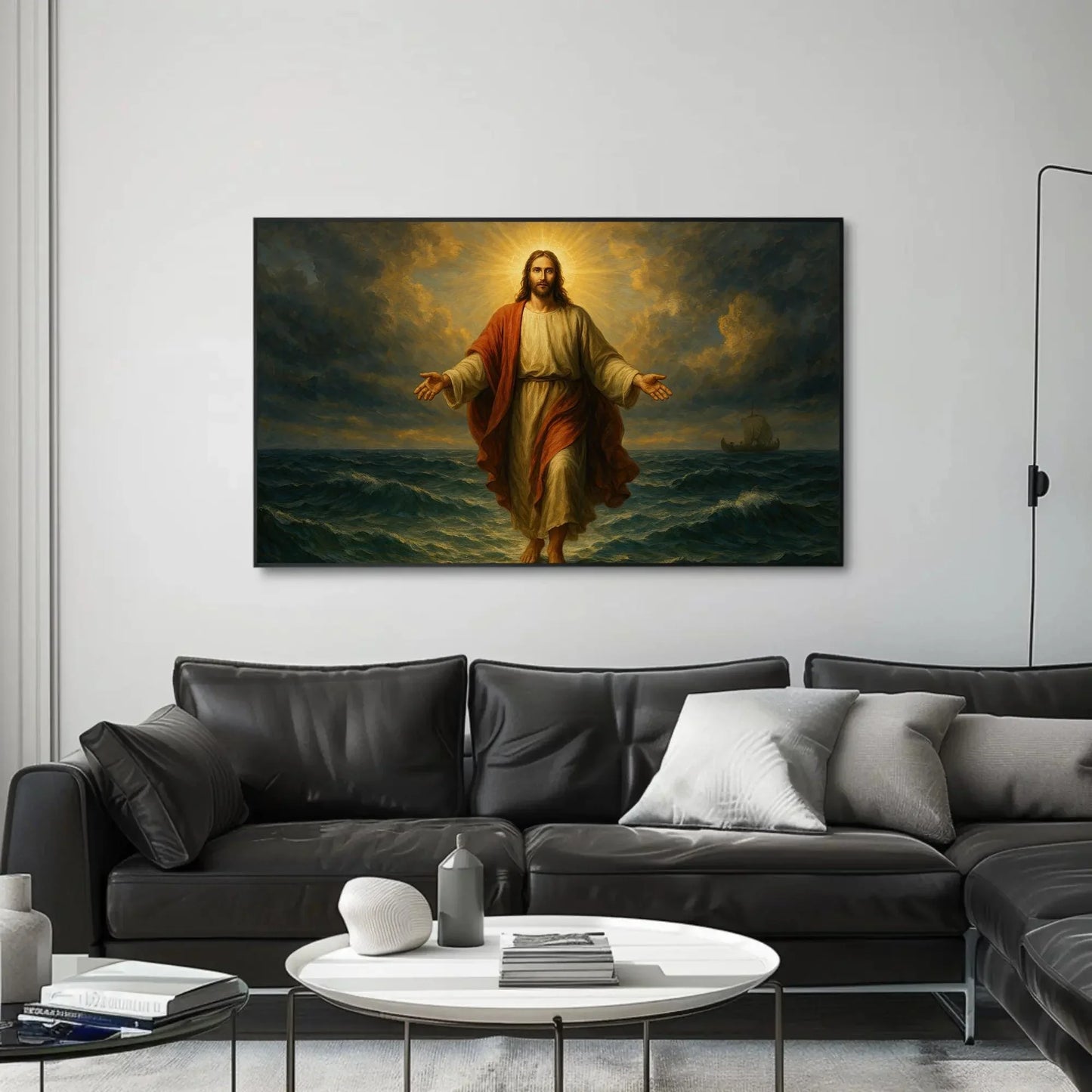 Jesus walking on water canvas wall art print for Christian home or church decor with glowing halo ocean miracle and biblical faith scene Wall Art – Canvas Print