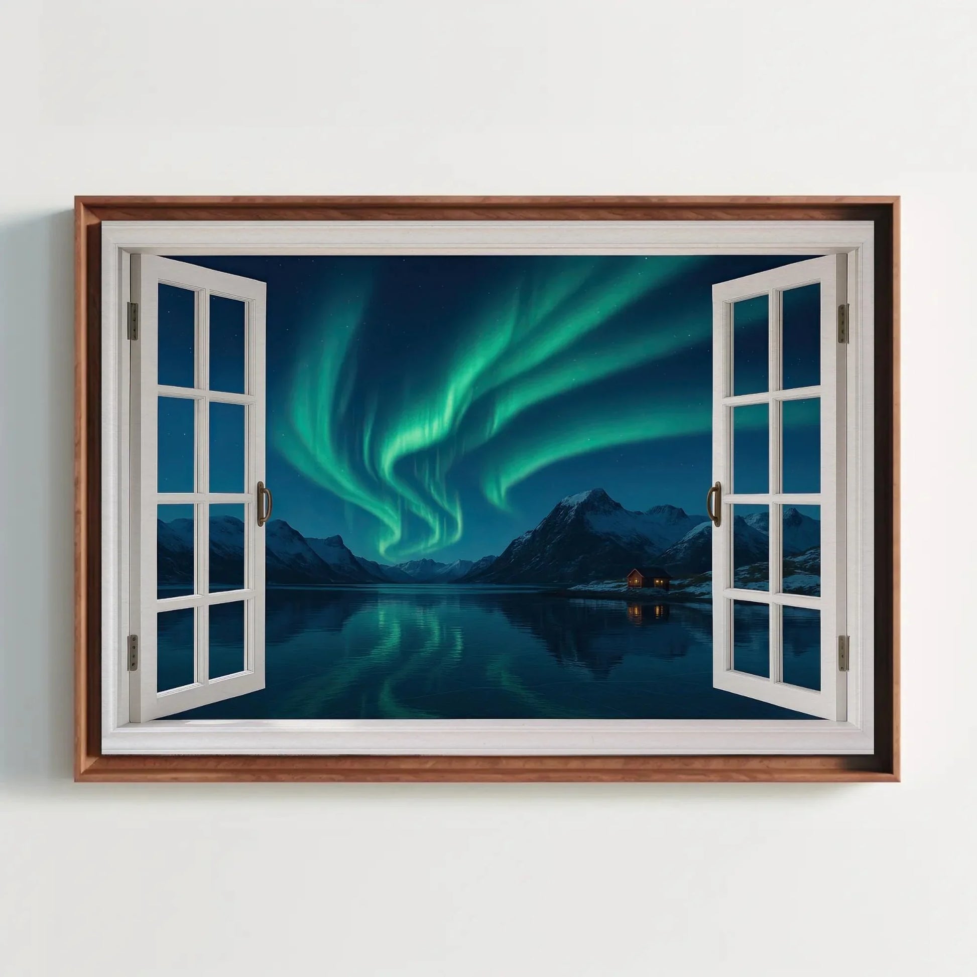 Northern lights open window view canvas wall art print for Scandinavian winter decor or night sky lovers aurora borealis painting Wall Art – Canvas Print
