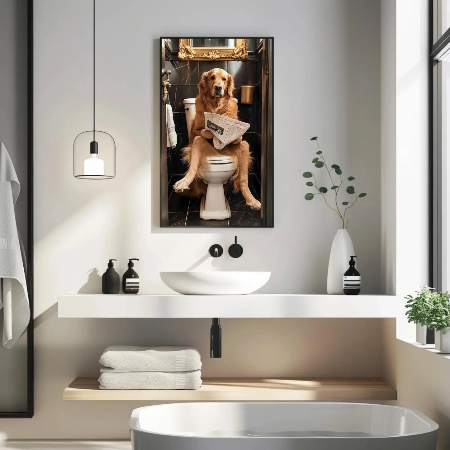 Golden Retriever Reading Newspaper on Toilet Canvas Print - Toilet Humor - Whimsical Bathroom Art - Funny Animal Print - HQ Ready to Hang Wall Art – Canvas Print
