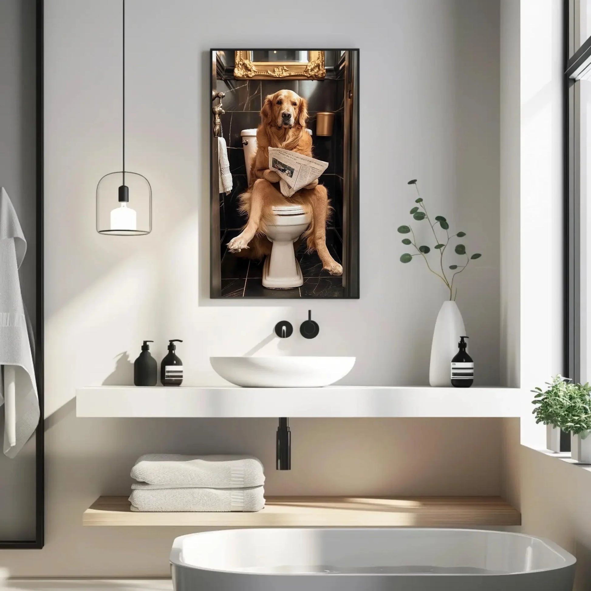 Golden Retriever Reading Newspaper on Toilet Canvas Print - Toilet Humor - Whimsical Bathroom Art - Funny Animal Print - HQ Ready to Hang Wall Art – Canvas Print