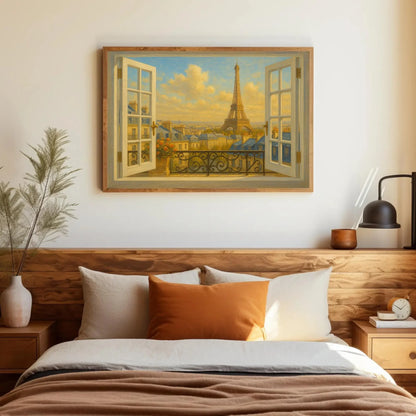 Paris Eiffel Tower open window view canvas wall art print for romantic French decor or bedroom and classic Parisian rooftop sunset Wall Art – Canvas Print