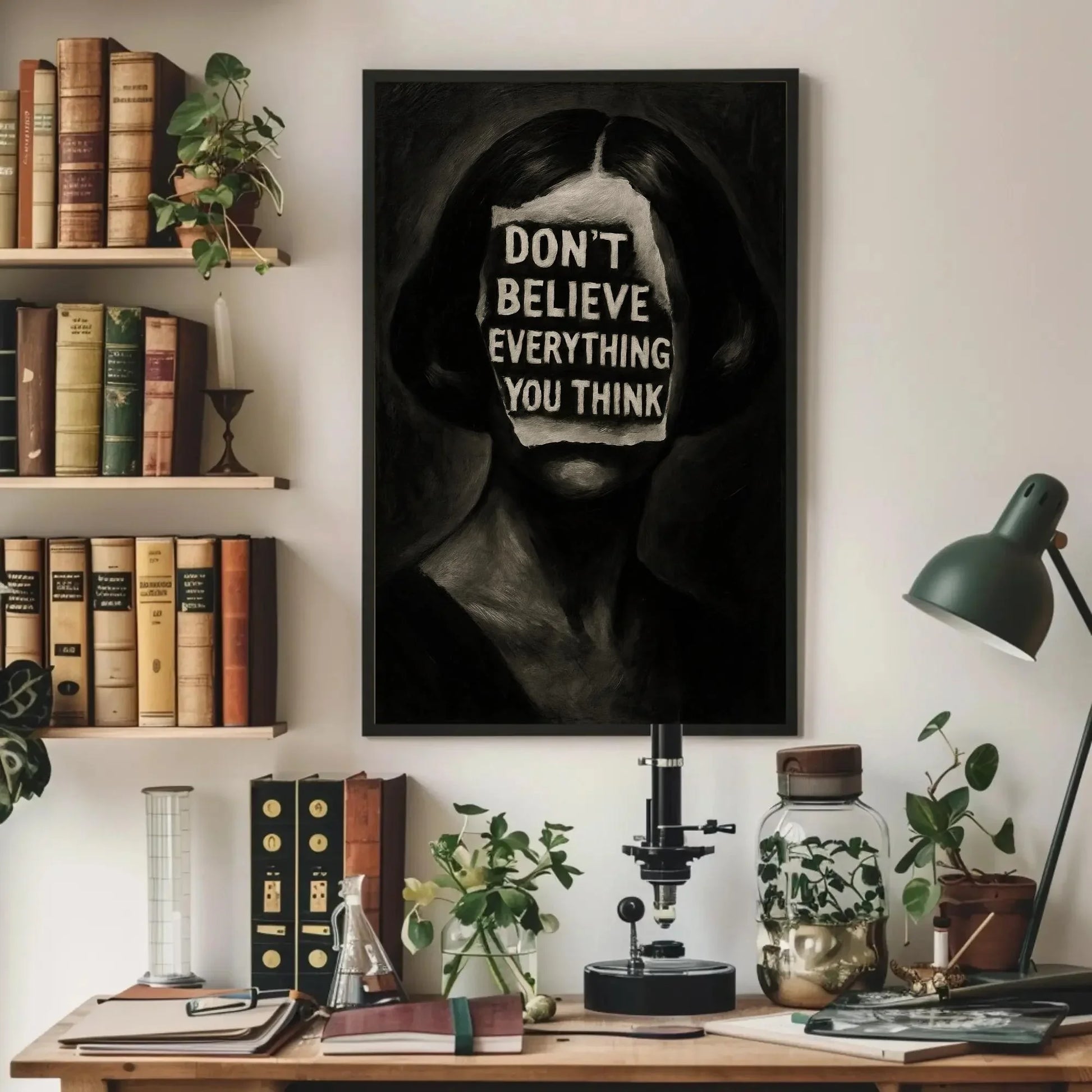 Inspirational surreal face canvas wall art print for mental health decor or gothic office with don’t believe everything you think quote Wall Art – Canvas Print