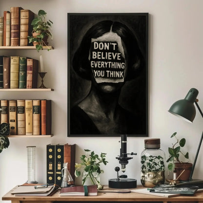 Inspirational surreal face canvas wall art print for mental health decor or gothic office with don’t believe everything you think quote Wall Art – Canvas Print