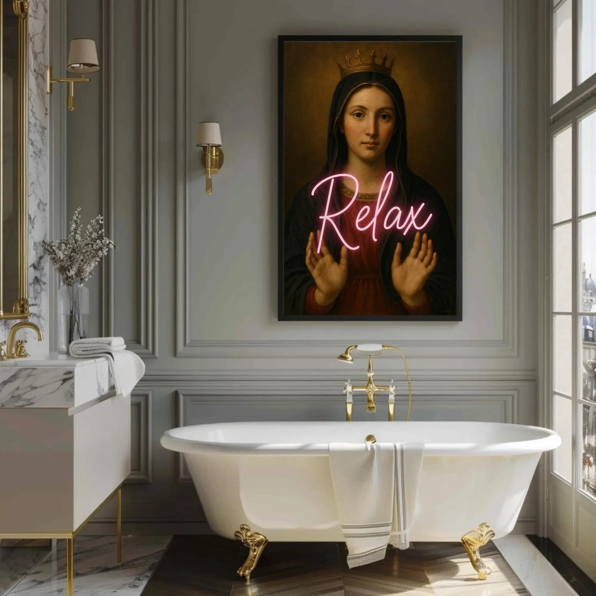 Virgin Mary neon relax canvas wall art painting for eclectic spiritual decor or modern sacred icon lovers with pop culture remix print Wall Art – Canvas Print