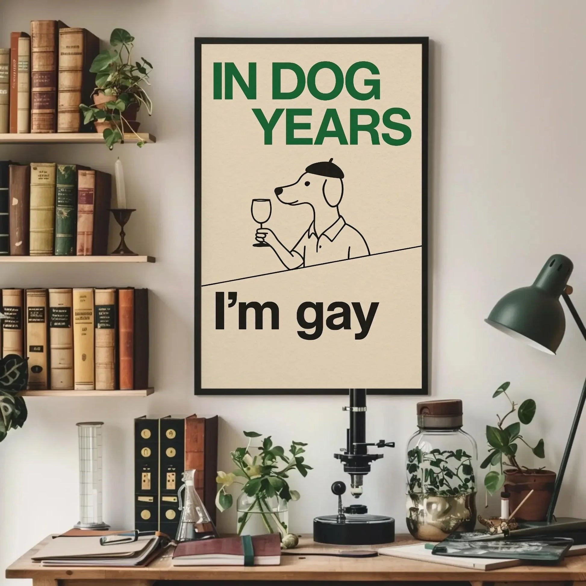 Funny gay dog print canvas wall art for LGBTQ living room or pride decor with retro cartoon style and in dog years I’m gay quote design Wall Art – Canvas Print