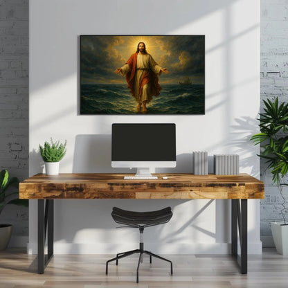 Jesus walking on water canvas wall art print for Christian home or church decor with glowing halo ocean miracle and biblical faith scene Wall Art – Canvas Print
