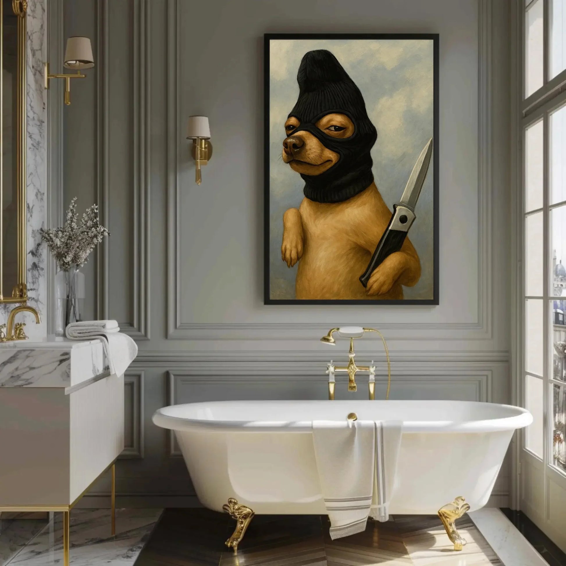 Funny criminal dog canvas wall art print for edgy home or dark humor decor with ski mask chihuahua and knife surreal animal painting Wall Art – Canvas Print