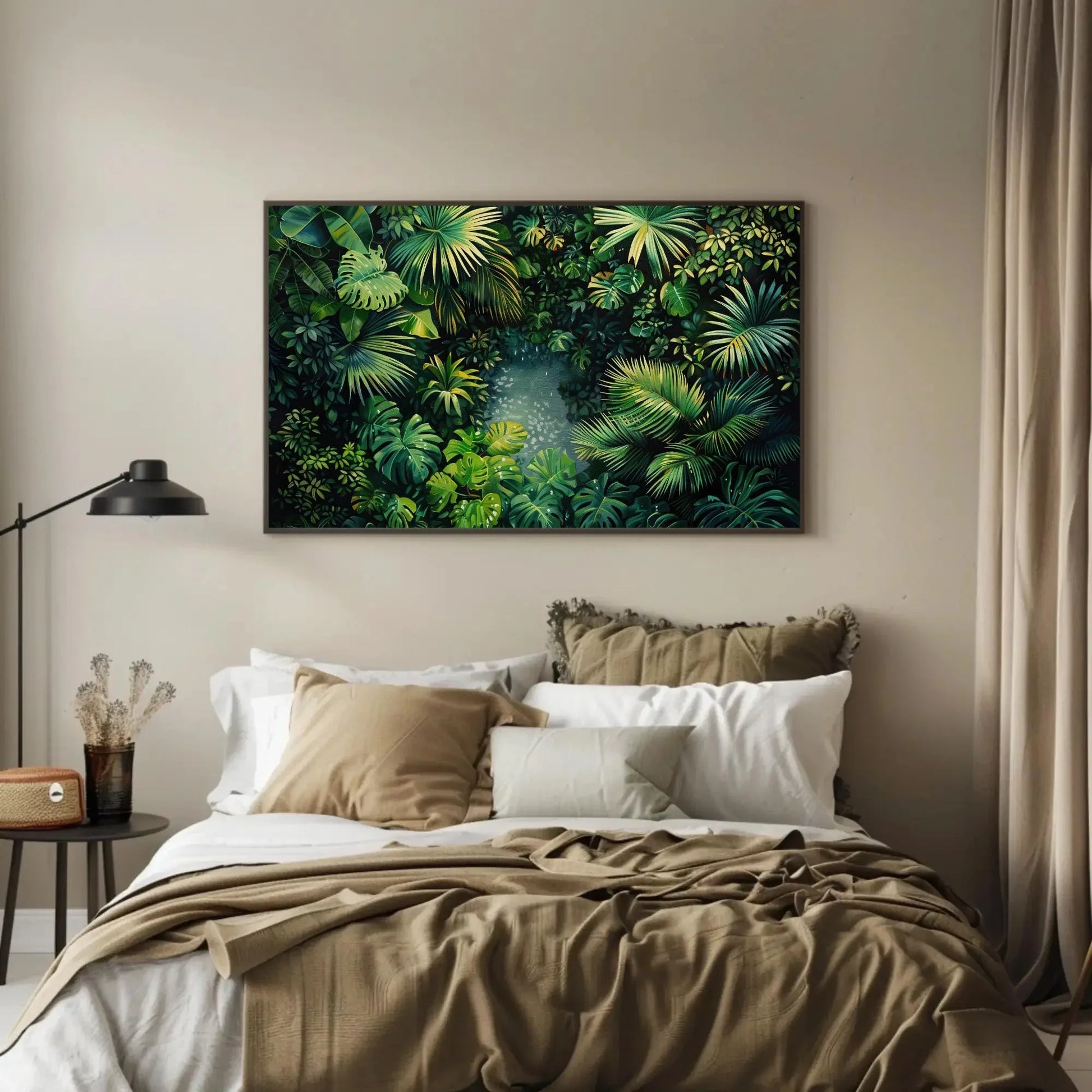 Tropical Jungle Wall Art With Monstera And Palm Leaves – Lush Green Botanical Canvas For Spa Room, Jungle Bathroom Or Boho Decor Wall Art – Canvas Print