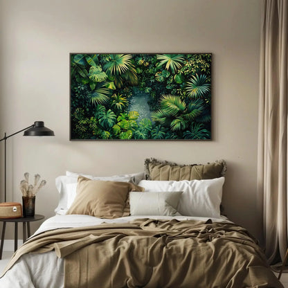 Tropical Jungle Wall Art With Monstera And Palm Leaves – Lush Green Botanical Canvas For Spa Room, Jungle Bathroom Or Boho Decor Wall Art – Canvas Print