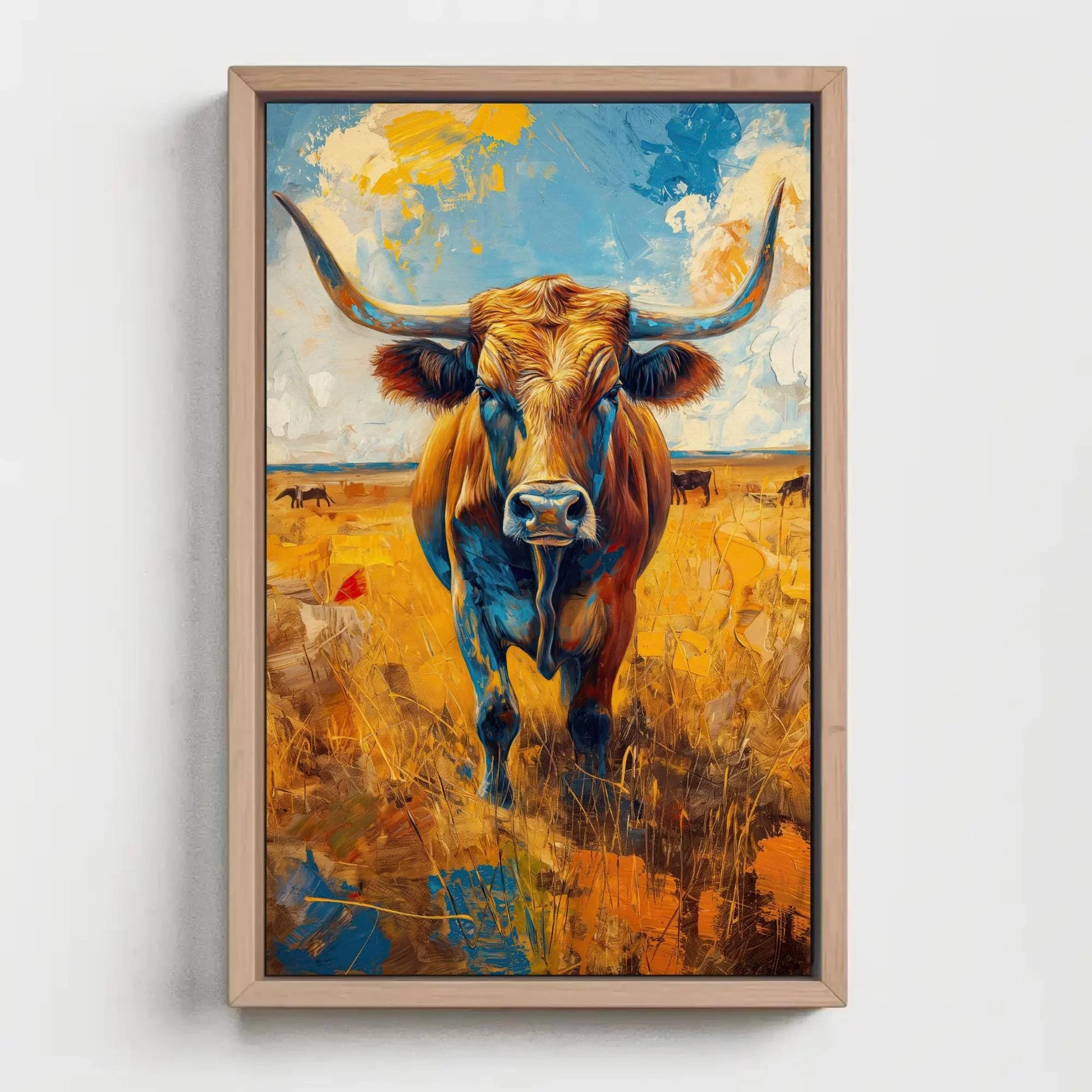 Texas Longhorn Cow Oil Painting Vertical Canvas | Rustic Western Wall Art | Framed Farmhouse Decor for Living Room, Bedroom, Ready to Hang Wall Art – Canvas Print