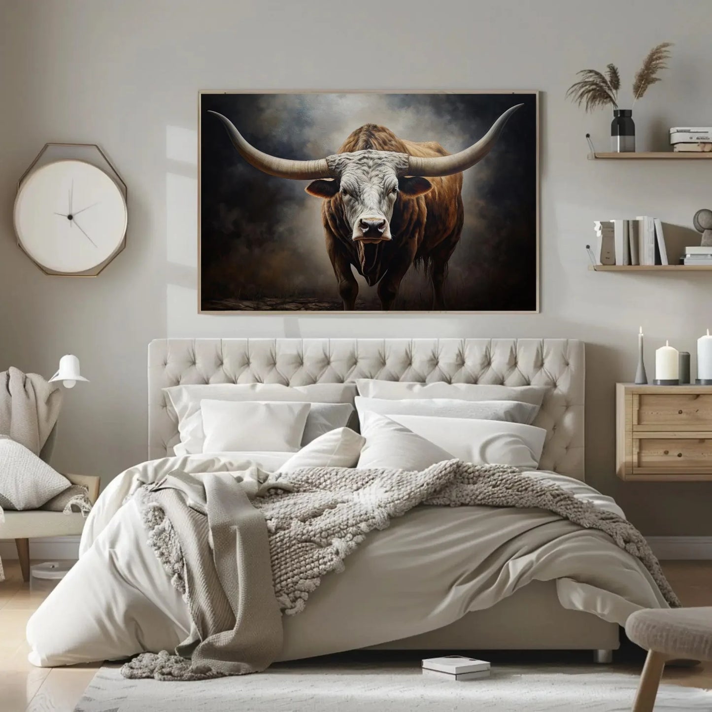 Texas Longhorn Cow Large Canvas Painting Farmhouse Living Room Art Longhorn Painting Wall Art Framed Print Stretched Canvas Ready To Hang Wall Art – Canvas Print