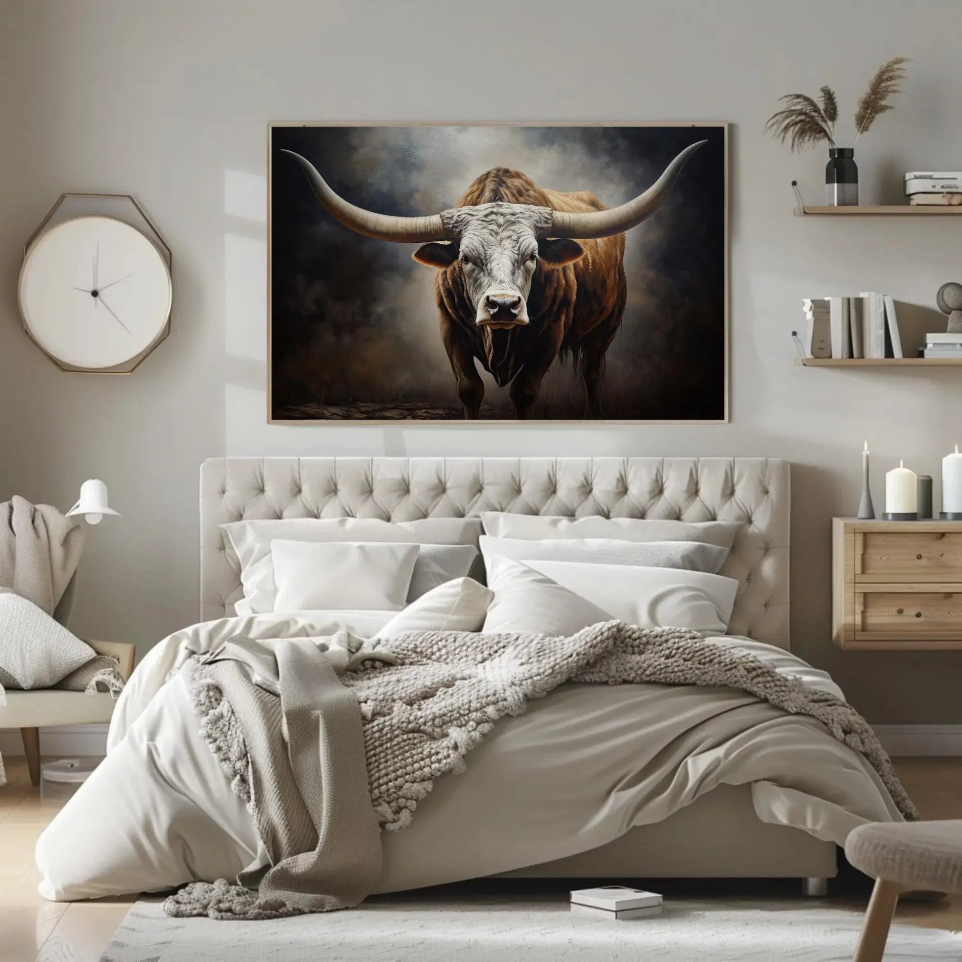 Texas Longhorn Cow Large Canvas Painting Farmhouse Living Room Art Longhorn Painting Wall Art Framed Print Stretched Canvas Ready To Hang Wall Art – Canvas Print