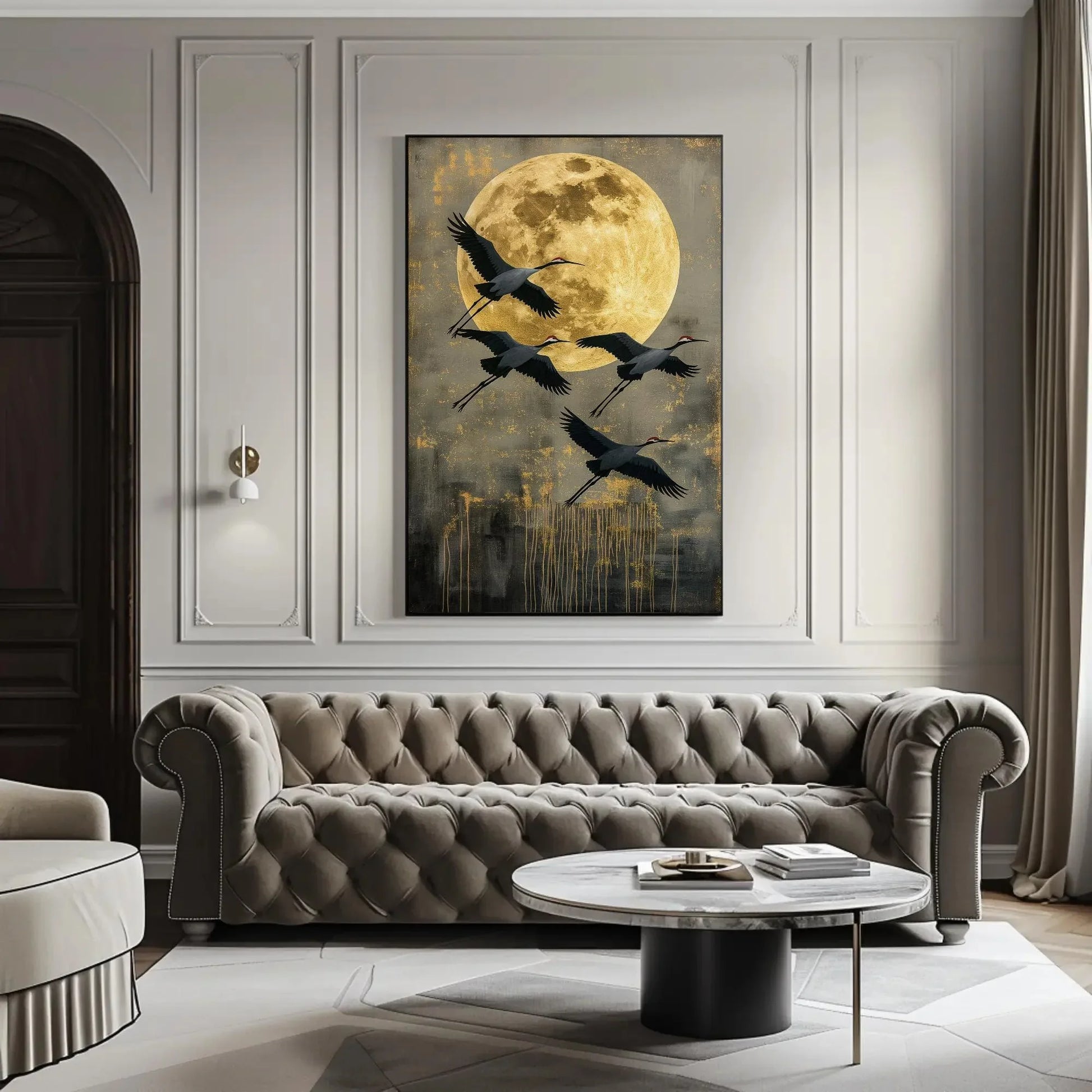 Flying Crane Canvas Print, Extra Large Golden Moon Sky Wall Art, Elegant Bird Painting, Japandi, Boho, Nature Bedroom and Living Room Decor Wall Art – Canvas Print