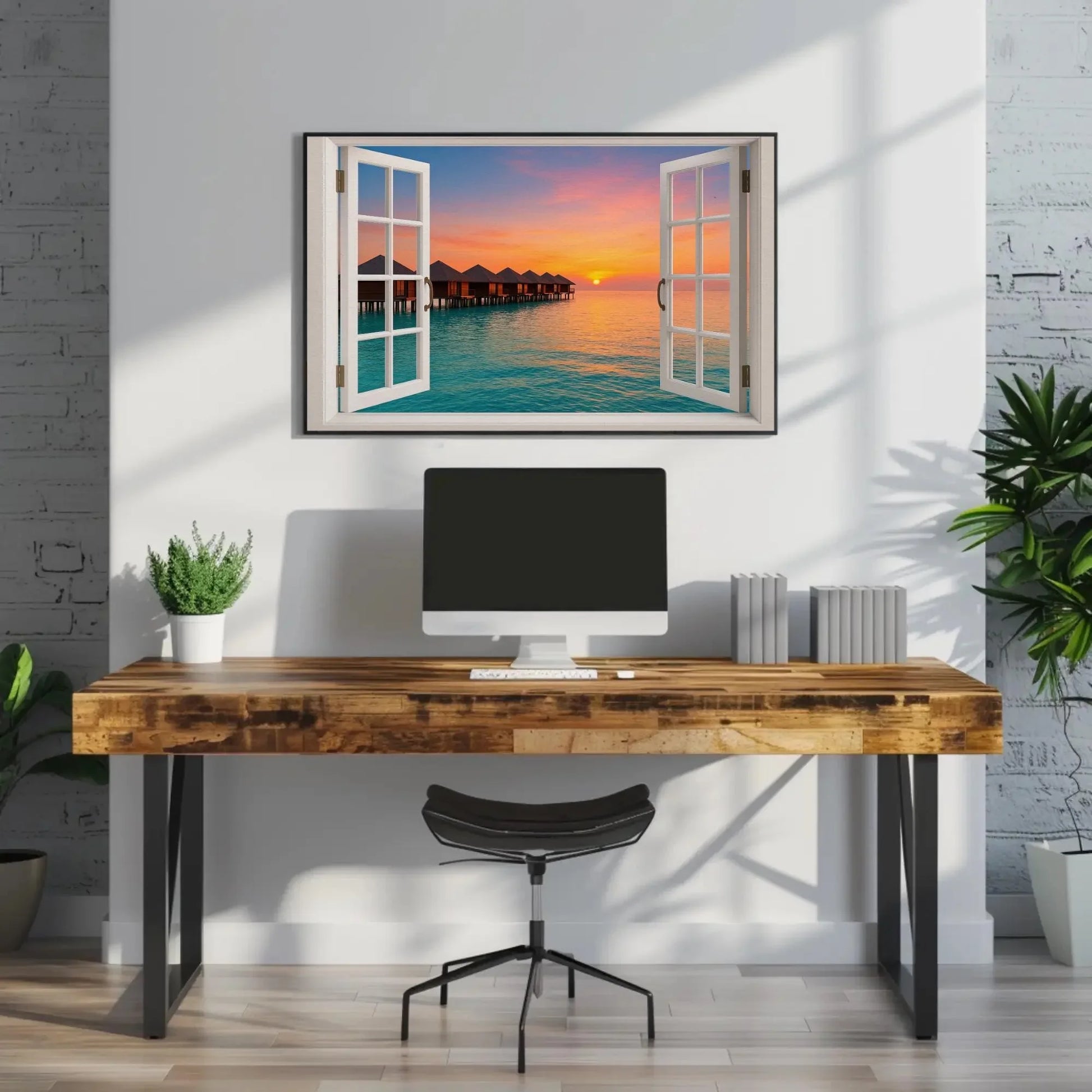 Maldives overwater bungalow canvas wall art print with open window view of tropical sunset ocean for beach house or island escape decor Wall Art – Canvas Print