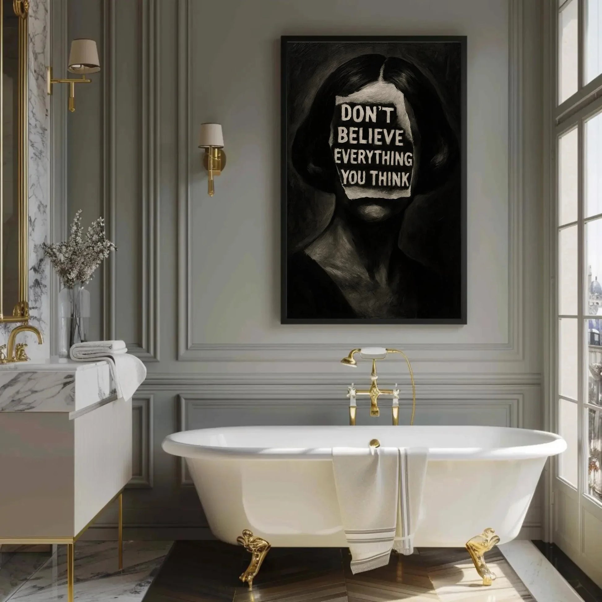 Inspirational surreal face canvas wall art print for mental health decor or gothic office with don’t believe everything you think quote Wall Art – Canvas Print
