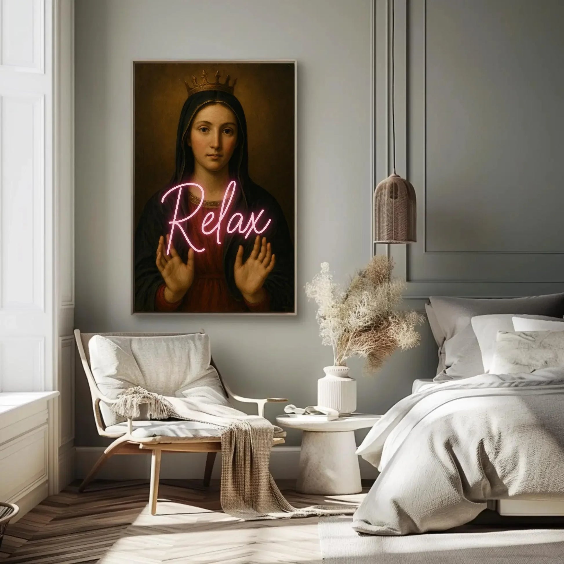 Virgin Mary neon relax canvas wall art painting for eclectic spiritual decor or modern sacred icon lovers with pop culture remix print Wall Art – Canvas Print