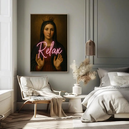 Virgin Mary neon relax canvas wall art painting for eclectic spiritual decor or modern sacred icon lovers with pop culture remix print Wall Art – Canvas Print