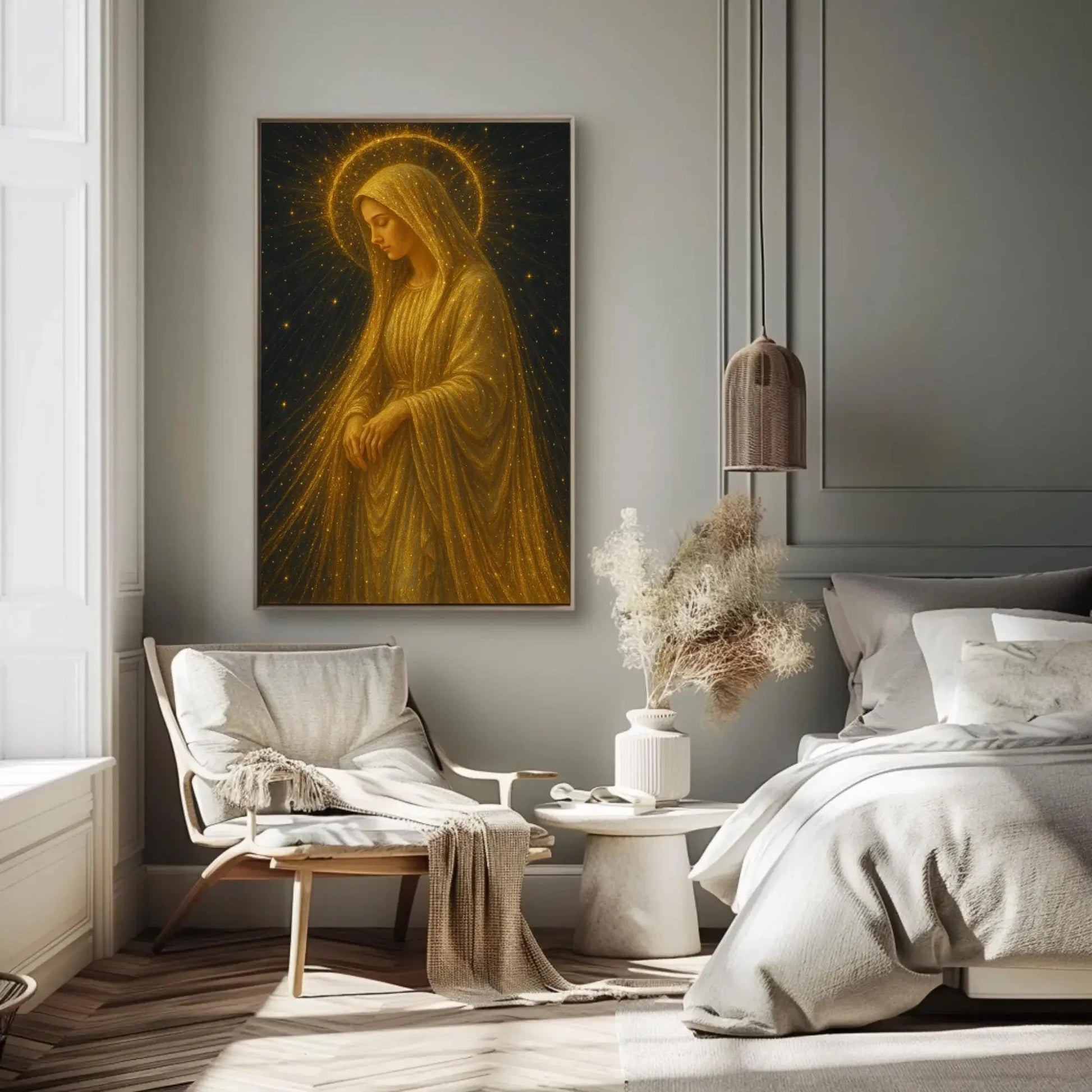 Golden Virgin Mary canvas wall art painting for spiritual home decor or celestial prayer room with glowing stars and radiant halo print Wall Art – Canvas Print
