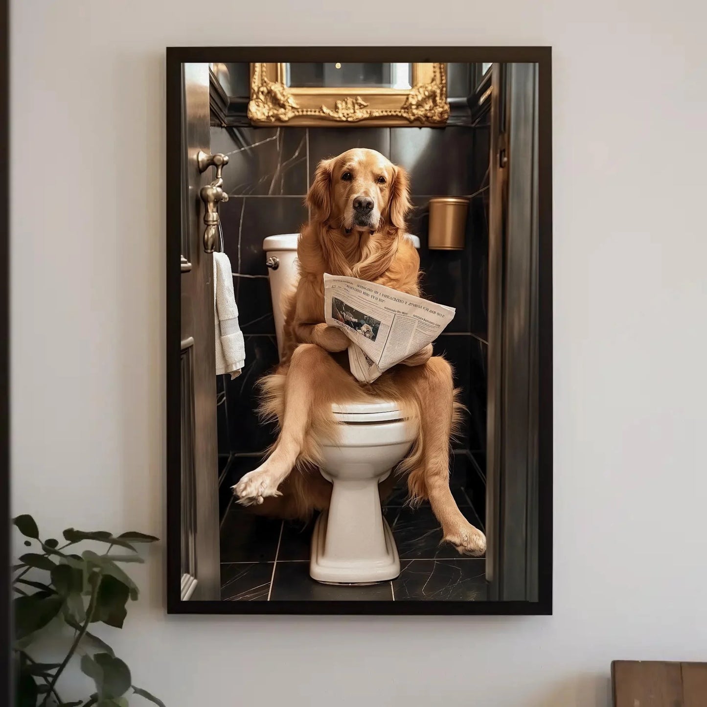 Golden Retriever Reading Newspaper on Toilet Canvas Print - Toilet Humor - Whimsical Bathroom Art - Funny Animal Print - HQ Ready to Hang Wall Art – Canvas Print