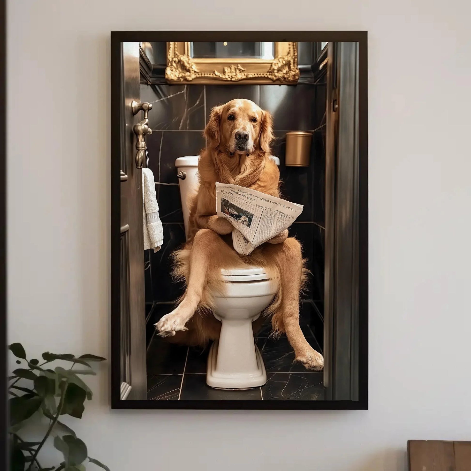 Golden Retriever Reading Newspaper on Toilet Canvas Print - Toilet Humor - Whimsical Bathroom Art - Funny Animal Print - HQ Ready to Hang Wall Art – Canvas Print