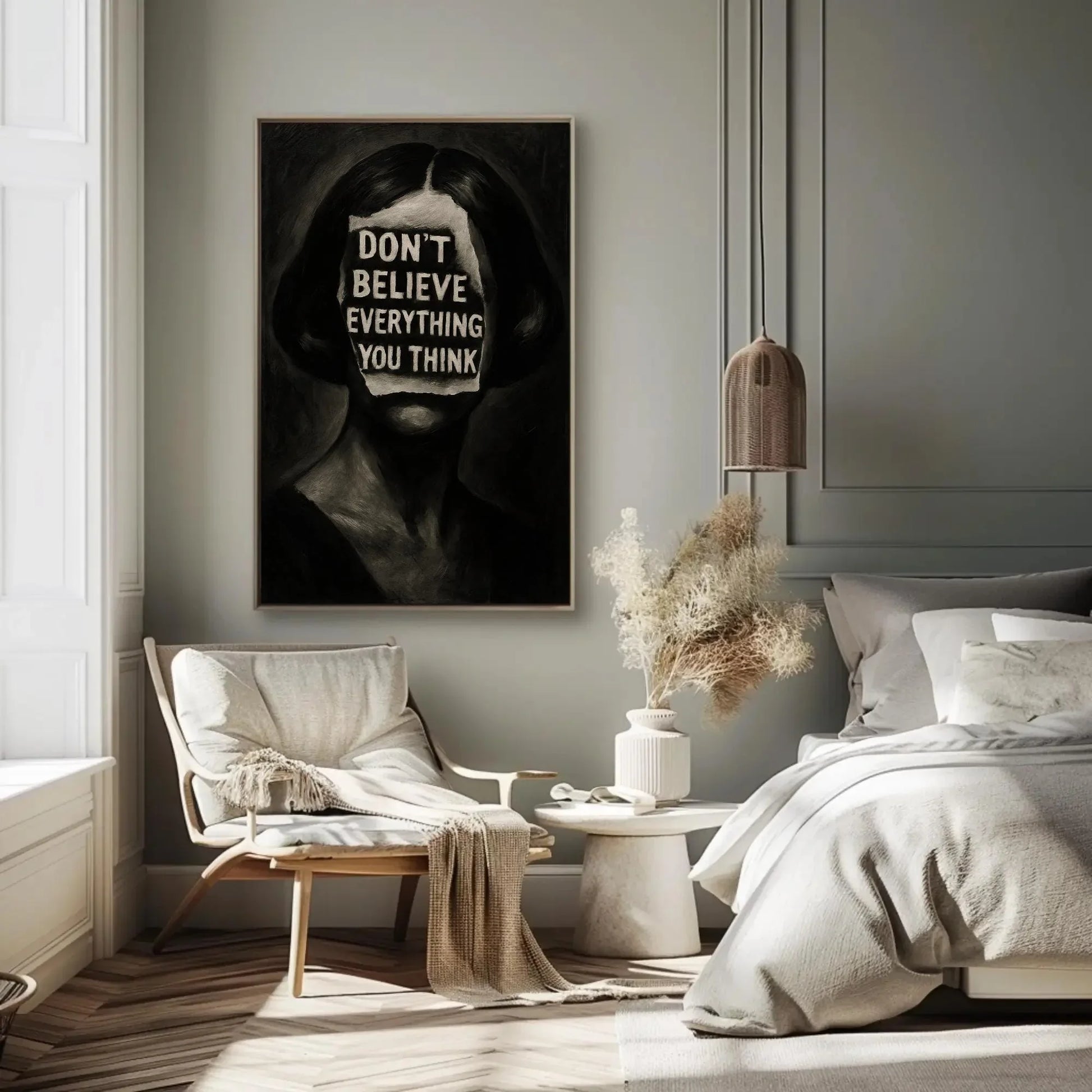 Inspirational surreal face canvas wall art print for mental health decor or gothic office with don’t believe everything you think quote Wall Art – Canvas Print