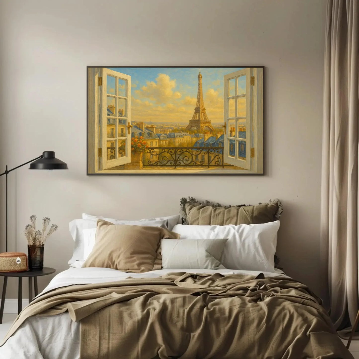 Paris Eiffel Tower open window view canvas wall art print for romantic French decor or bedroom and classic Parisian rooftop sunset Wall Art – Canvas Print