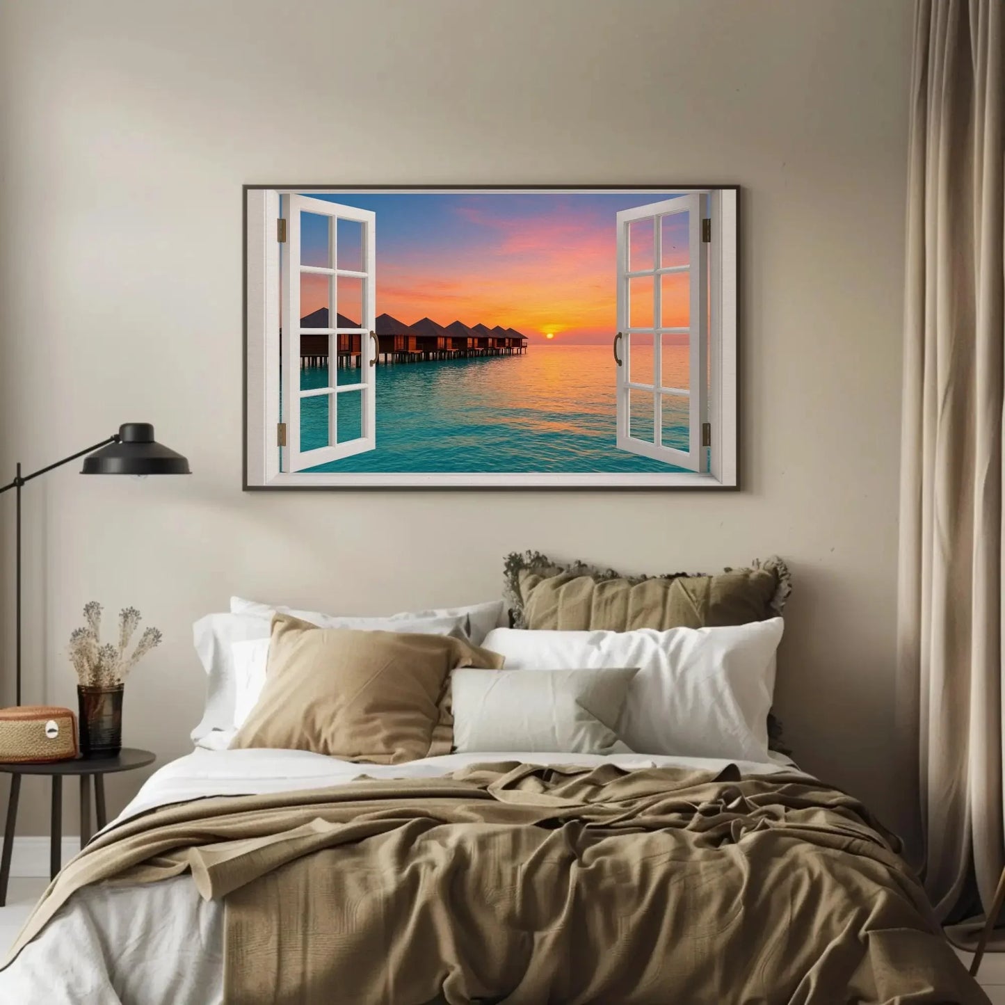 Maldives overwater bungalow canvas wall art print with open window view of tropical sunset ocean for beach house or island escape decor Wall Art – Canvas Print