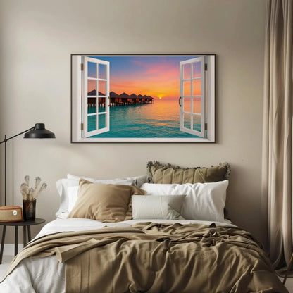 Maldives overwater bungalow canvas wall art print with open window view of tropical sunset ocean for beach house or island escape decor Wall Art – Canvas Print