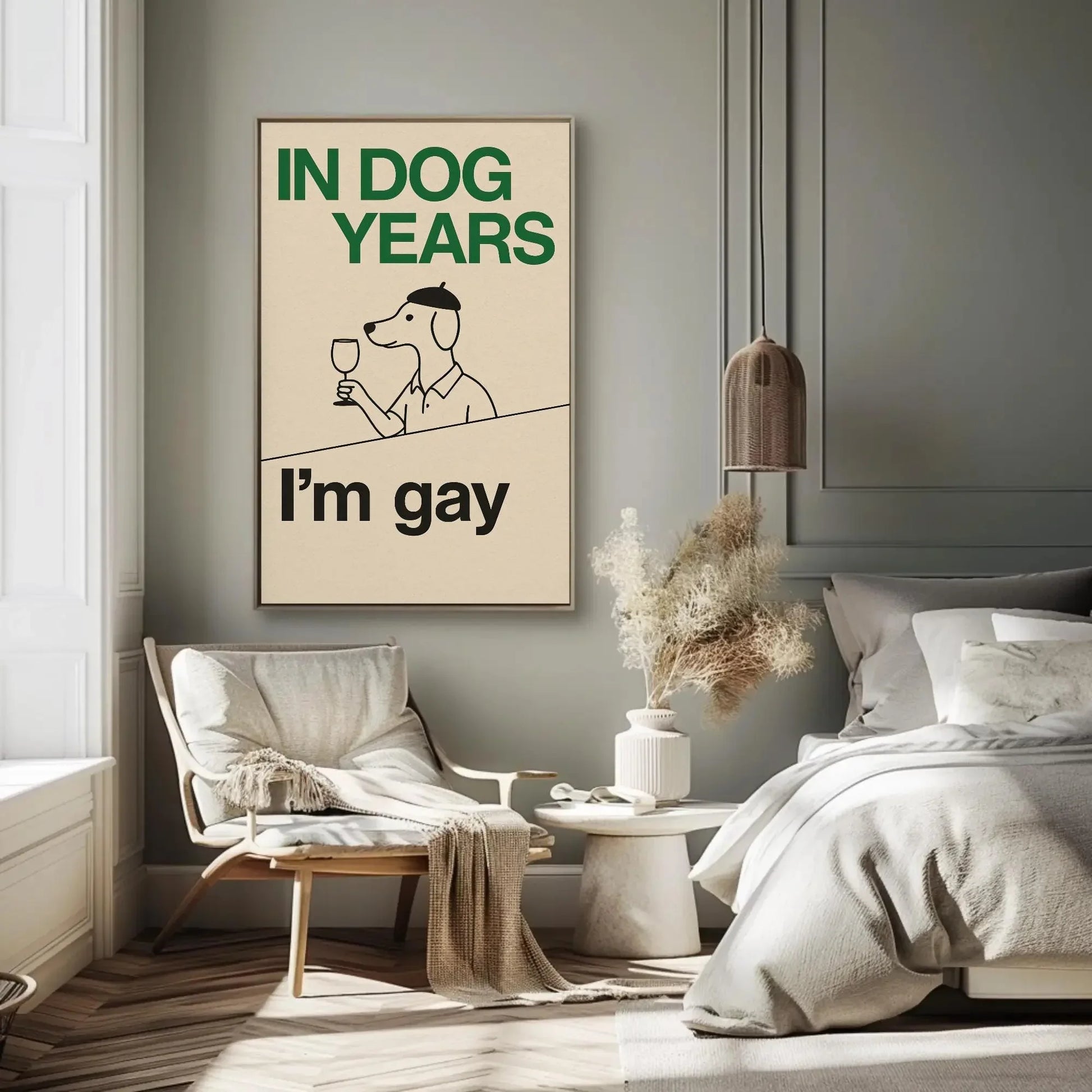 Funny gay dog print canvas wall art for LGBTQ living room or pride decor with retro cartoon style and in dog years I’m gay quote design Wall Art – Canvas Print
