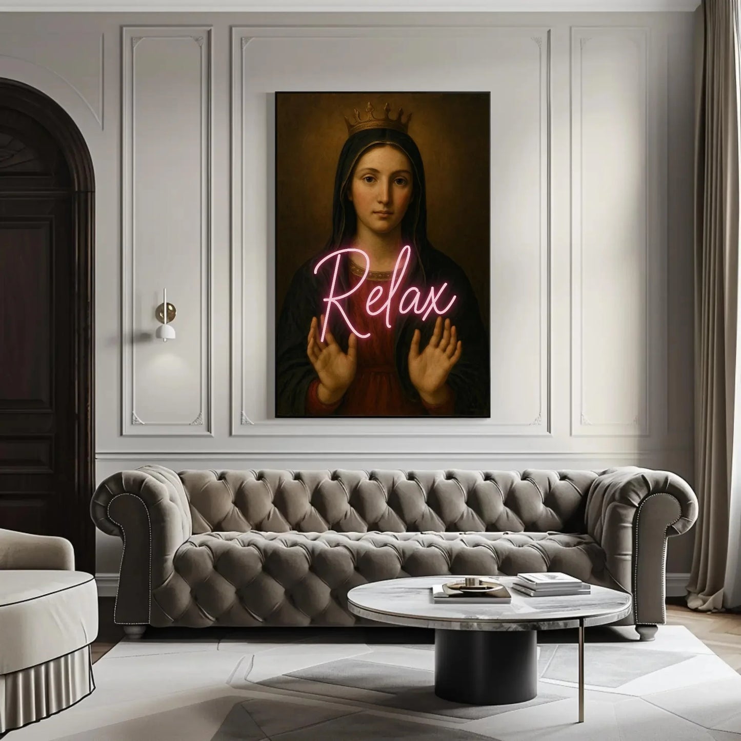 Virgin Mary neon relax canvas wall art painting for eclectic spiritual decor or modern sacred icon lovers with pop culture remix print Wall Art – Canvas Print