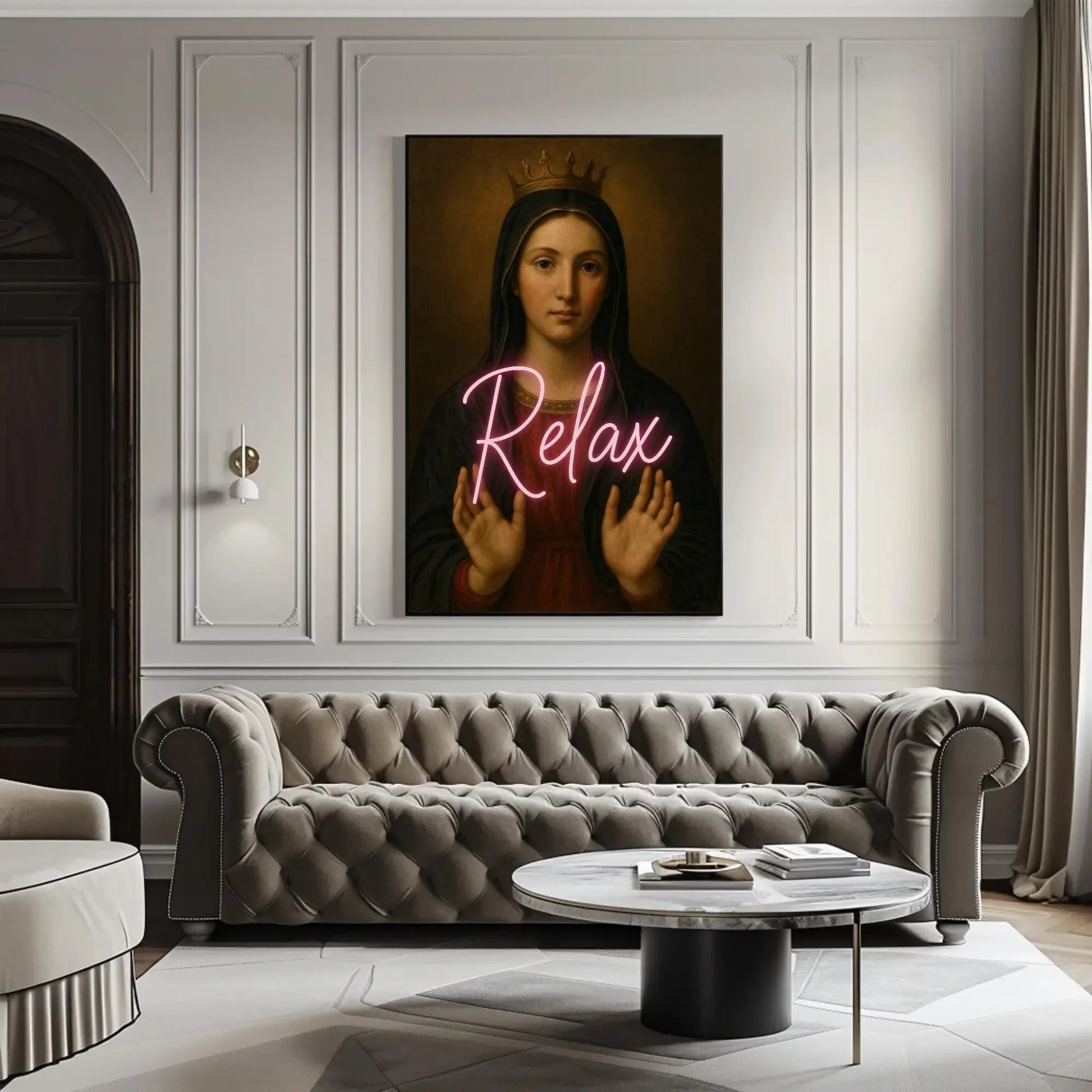 Virgin Mary neon relax canvas wall art painting for eclectic spiritual decor or modern sacred icon lovers with pop culture remix print Wall Art – Canvas Print