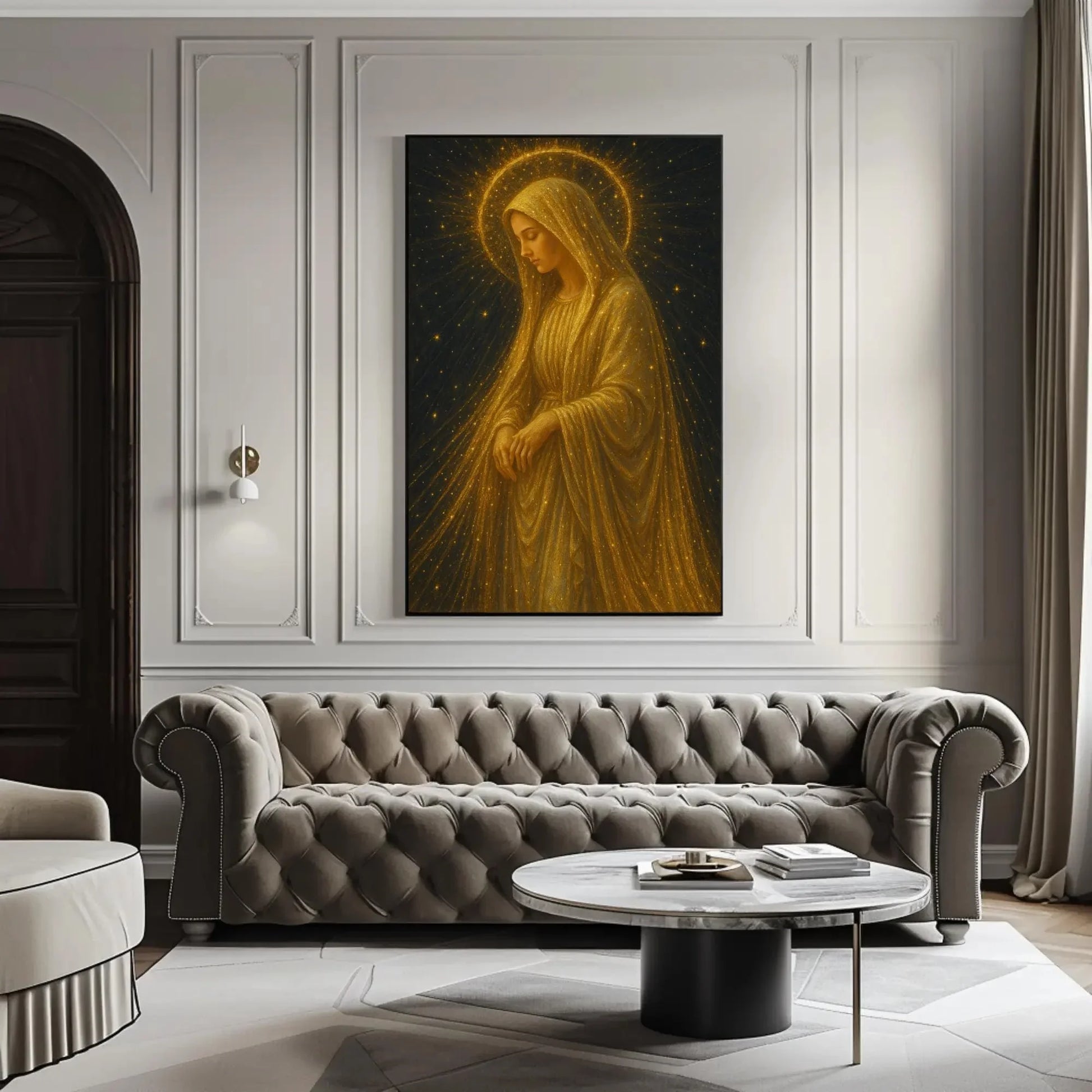 Golden Virgin Mary canvas wall art painting for spiritual home decor or celestial prayer room with glowing stars and radiant halo print Wall Art – Canvas Print