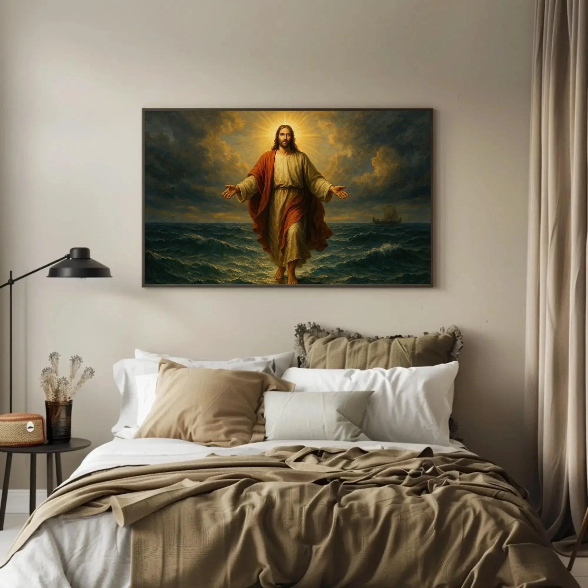 Jesus walking on water canvas wall art print for Christian home or church decor with glowing halo ocean miracle and biblical faith scene Wall Art – Canvas Print