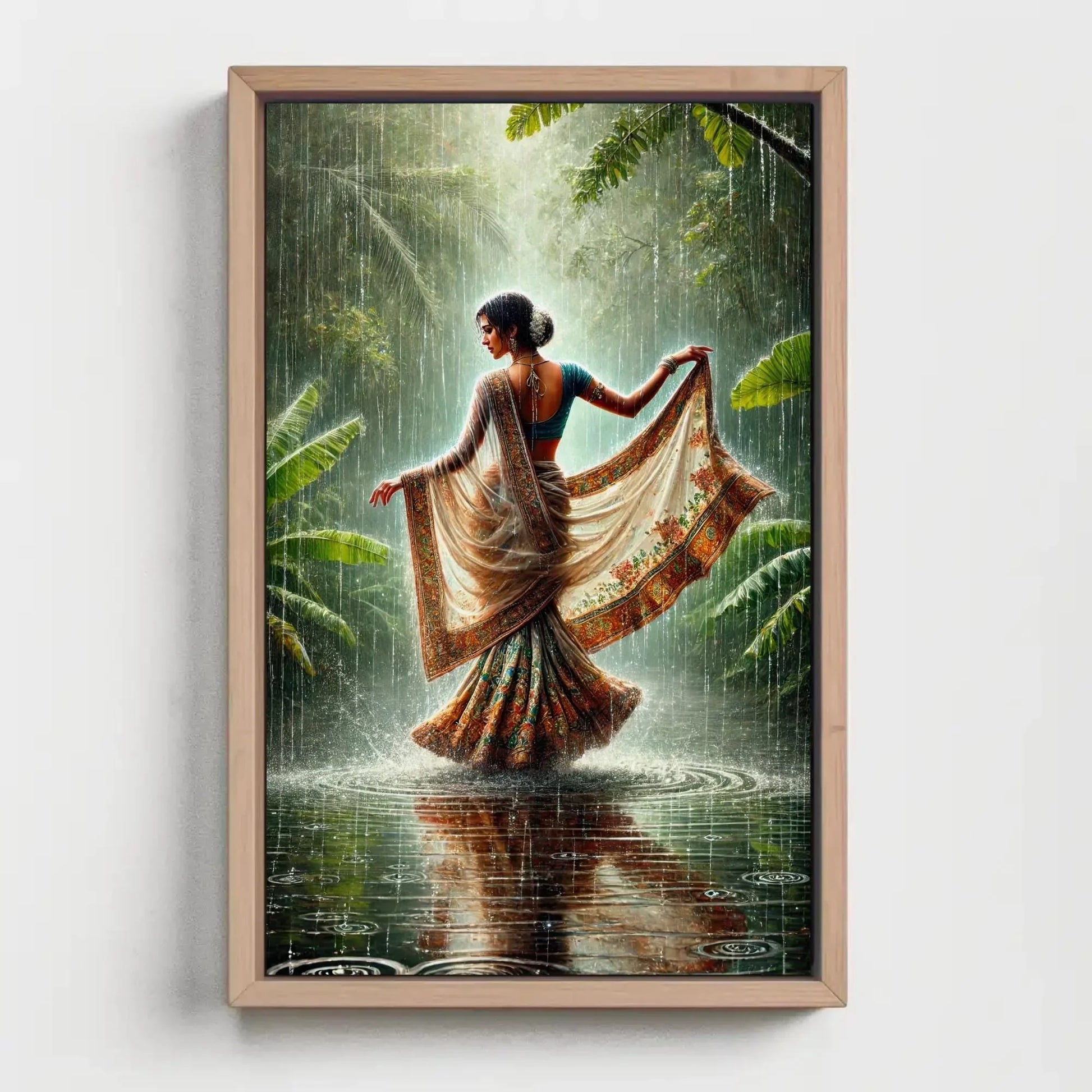 Traditional Indian Women in Tropical Green Rainy Jungle Canvas Print | Cultural Oil Painting | Vibrant Indian Wall Art for Living Room Wall Art – Canvas Print