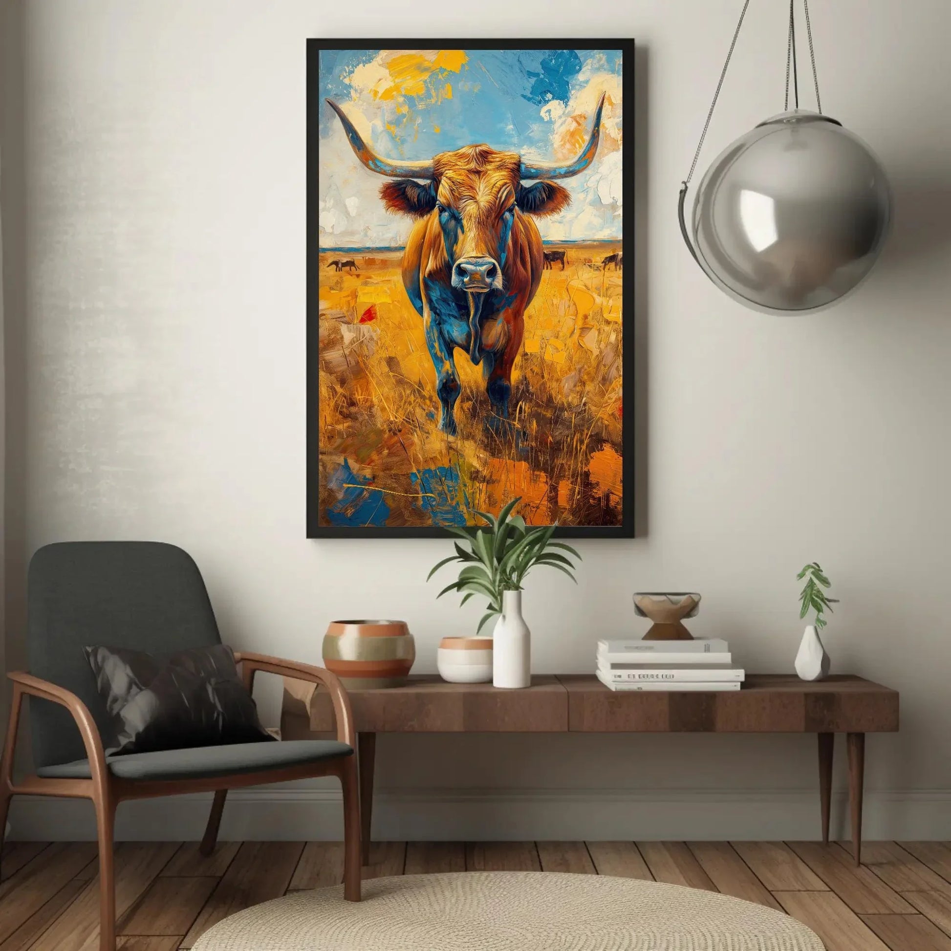 Texas Longhorn Cow Oil Painting Vertical Canvas | Rustic Western Wall Art | Framed Farmhouse Decor for Living Room, Bedroom, Ready to Hang Wall Art – Canvas Print