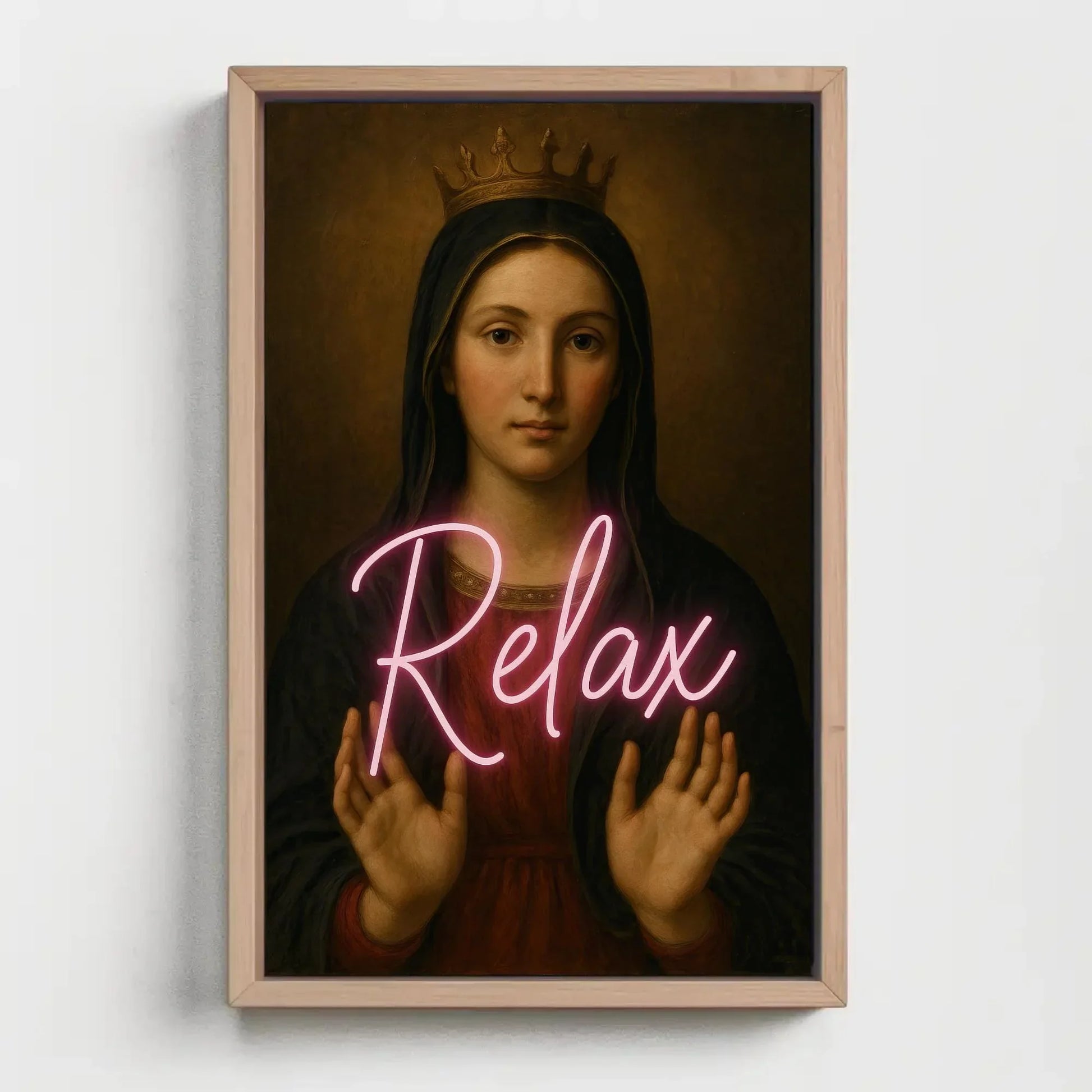 Virgin Mary neon relax canvas wall art painting for eclectic spiritual decor or modern sacred icon lovers with pop culture remix print Wall Art – Canvas Print