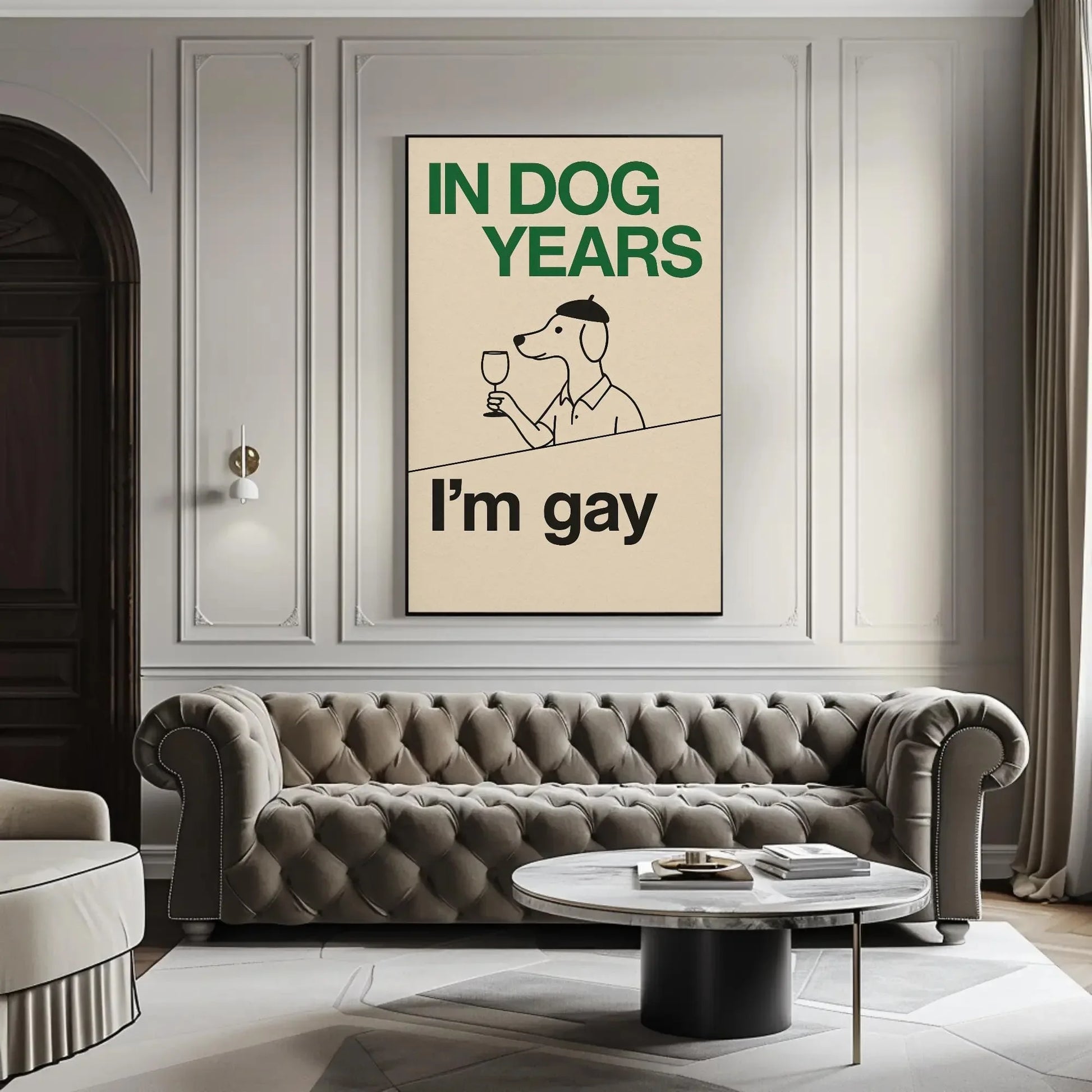 Funny gay dog print canvas wall art for LGBTQ living room or pride decor with retro cartoon style and in dog years I’m gay quote design Wall Art – Canvas Print