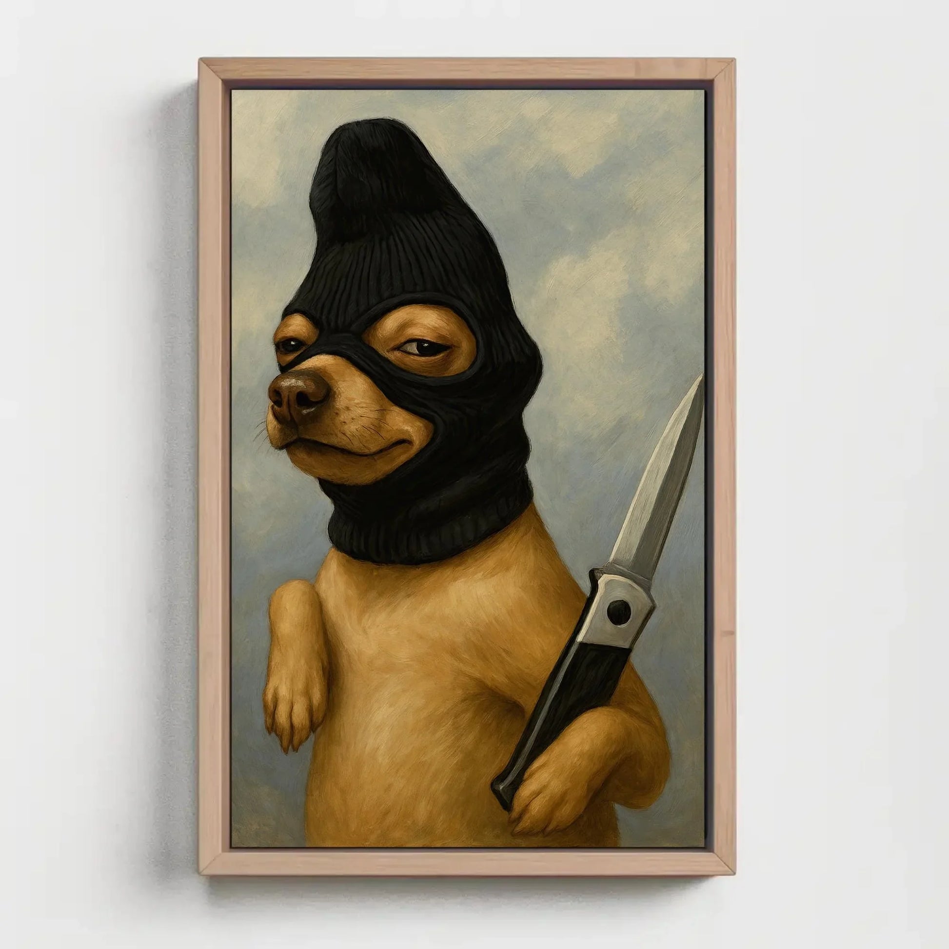Funny criminal dog canvas wall art print for edgy home or dark humor decor with ski mask chihuahua and knife surreal animal painting Wall Art – Canvas Print