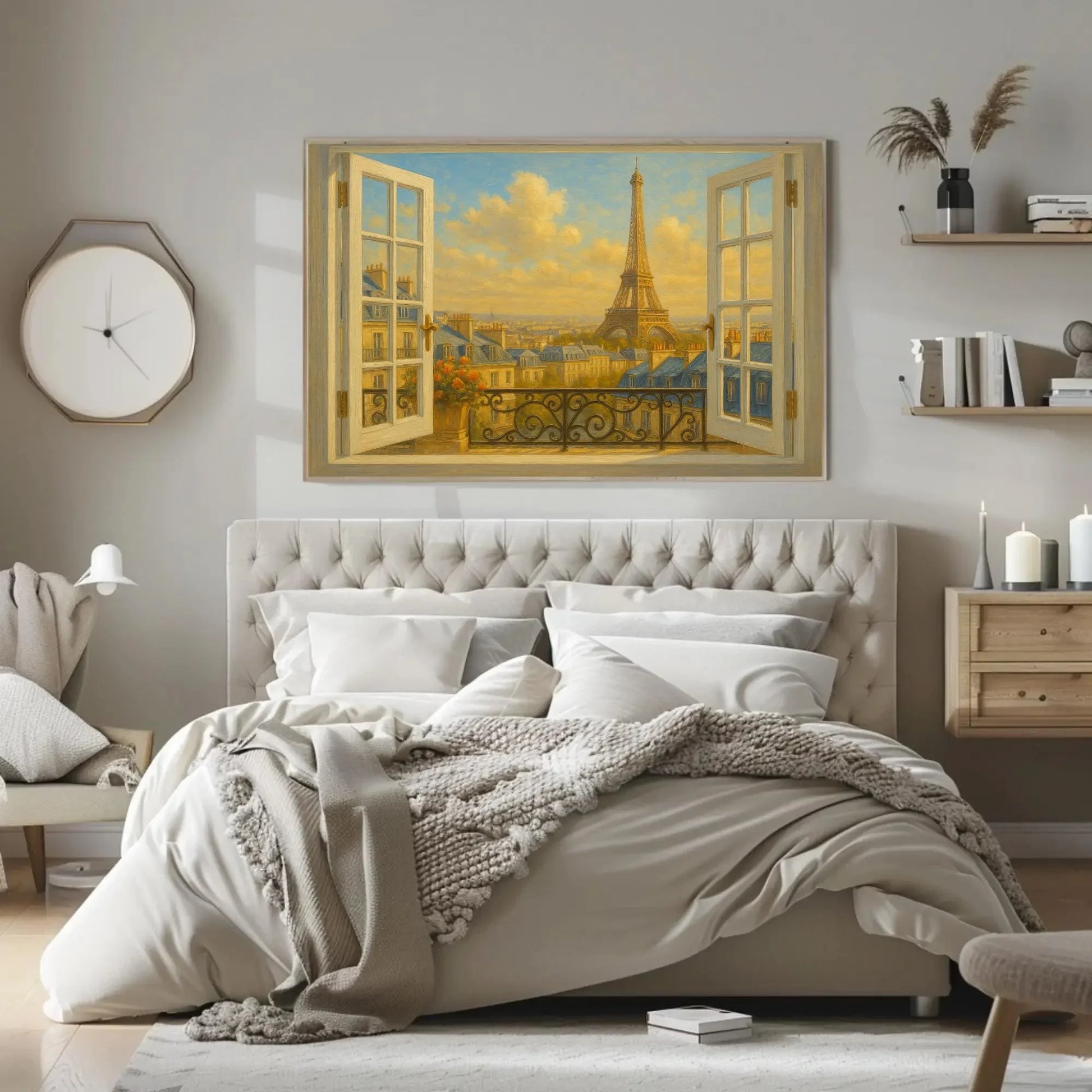 Paris Eiffel Tower open window view canvas wall art print for romantic French decor or bedroom and classic Parisian rooftop sunset Wall Art – Canvas Print