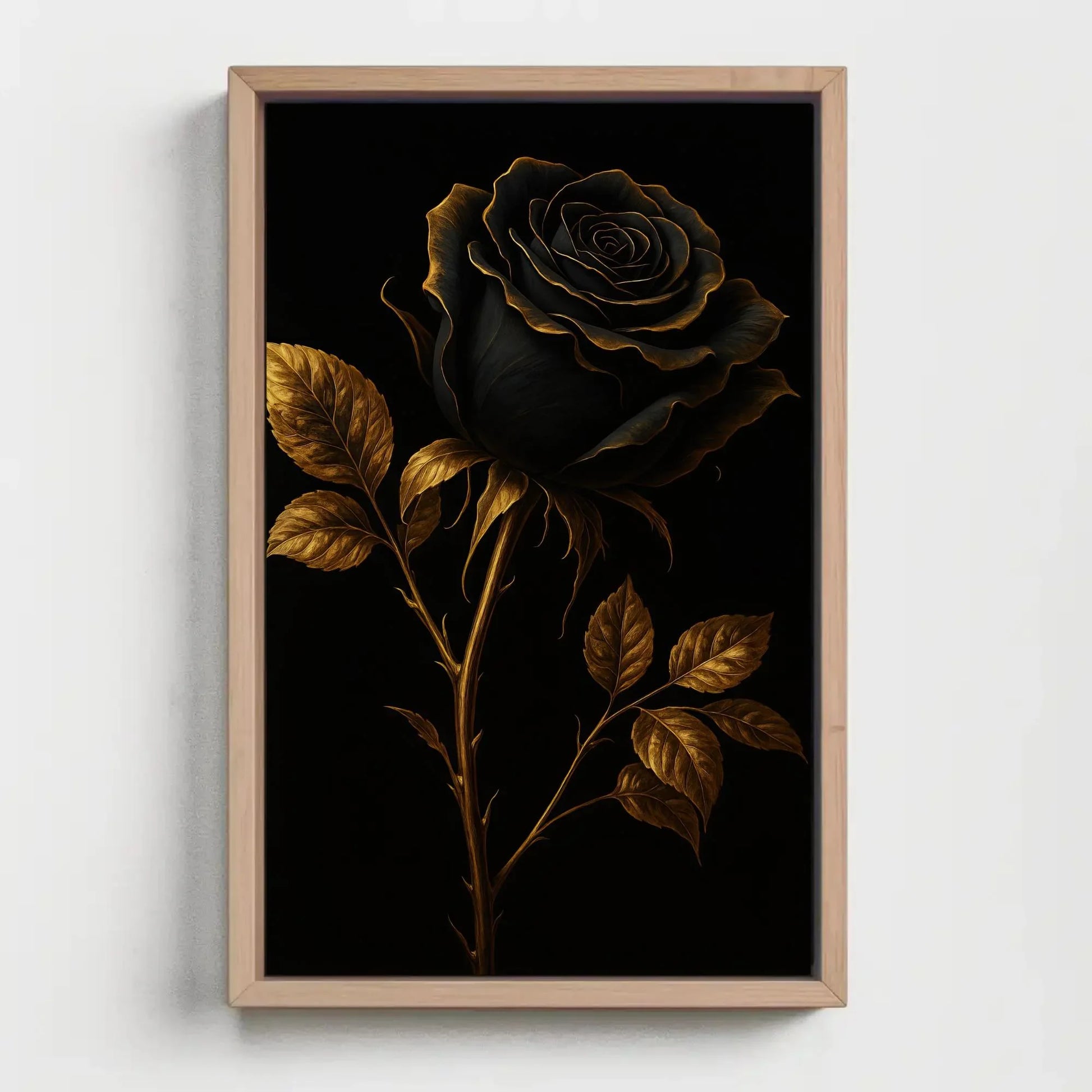 Elegant black rose canvas wall art print for gothic bedroom or moody floral decor with gold trimmed petals on black luxury background Wall Art – Canvas Print