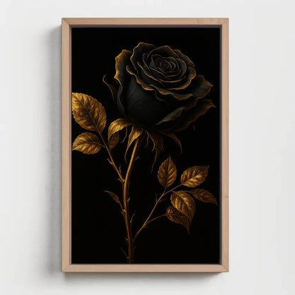 Elegant black rose canvas wall art print for gothic bedroom or moody floral decor with gold trimmed petals on black luxury background Wall Art – Canvas Print