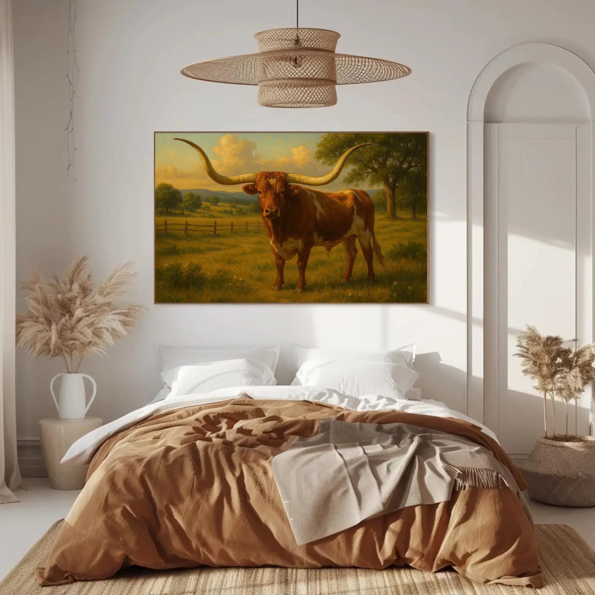 Majestic Texas Longhorn Bull Artwork Rustic Western Ranch Farmhouse Cattle Animal Print Cowboy Country Wall Art Home Decor Wall Art – Canvas Print